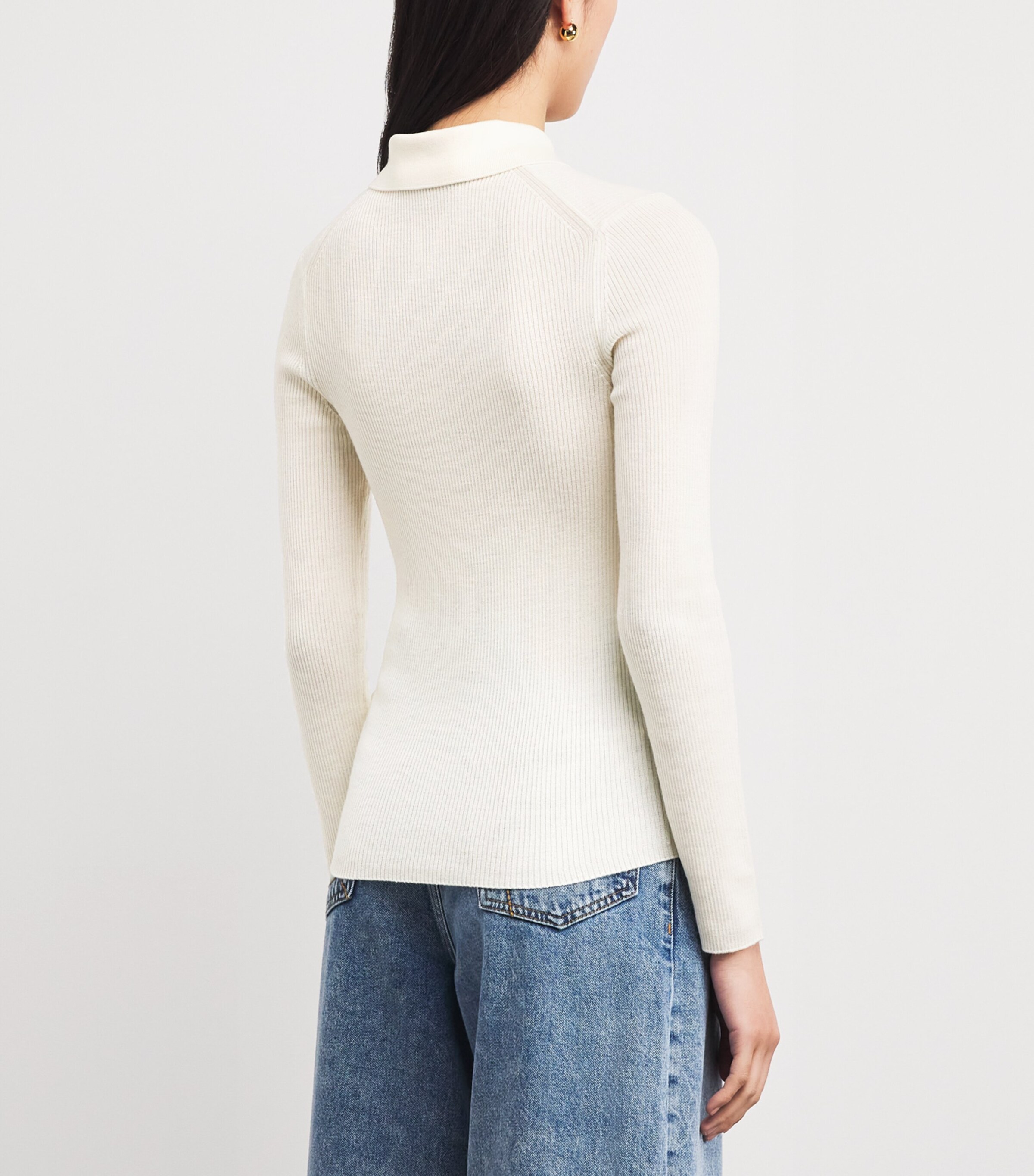 Wool-Silk Rib-Knit Polo Sweater ECRU Image 4