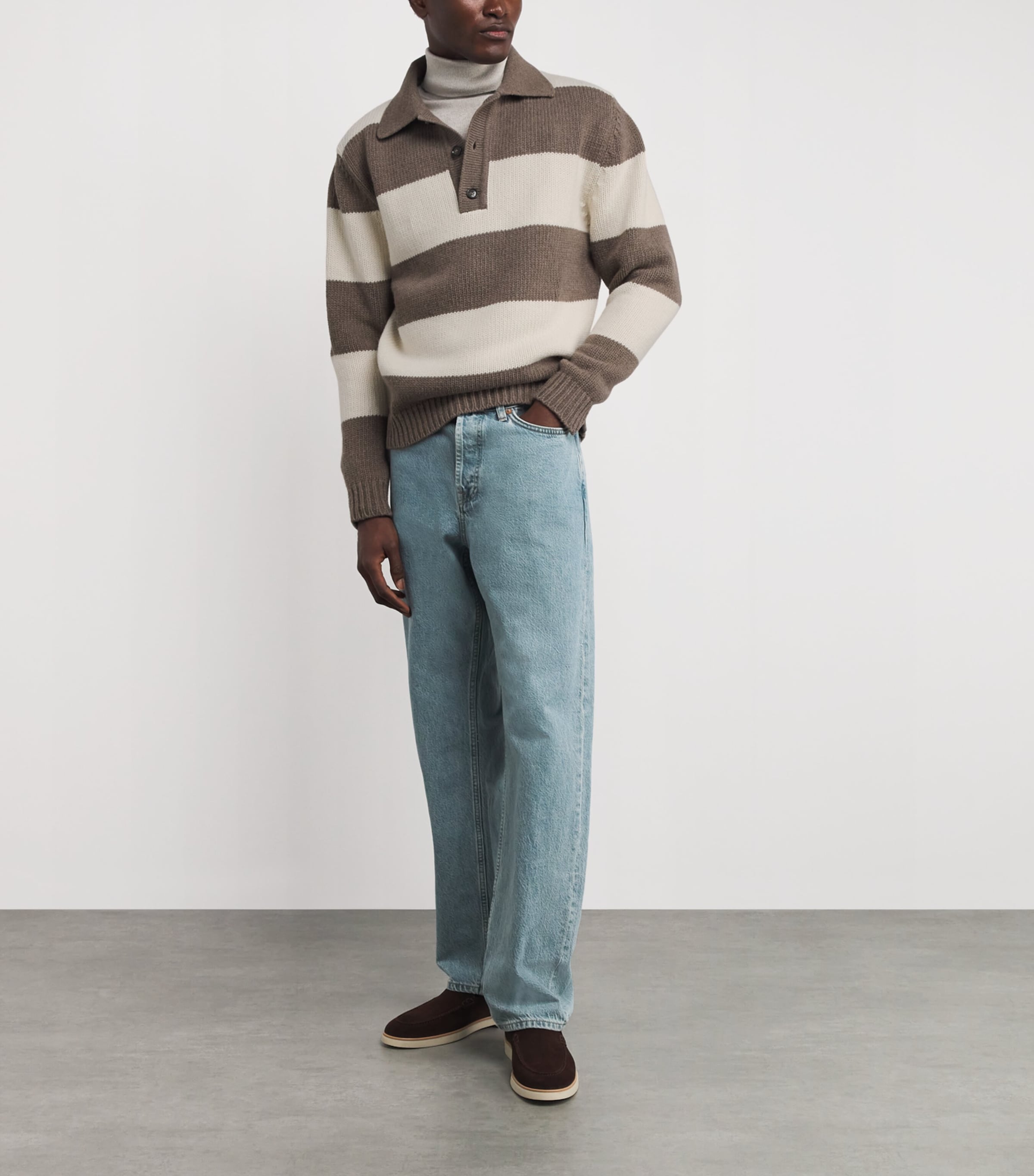 Wool-Blend Stripe Polo Shirt 299BROWN-WHITE Image 2