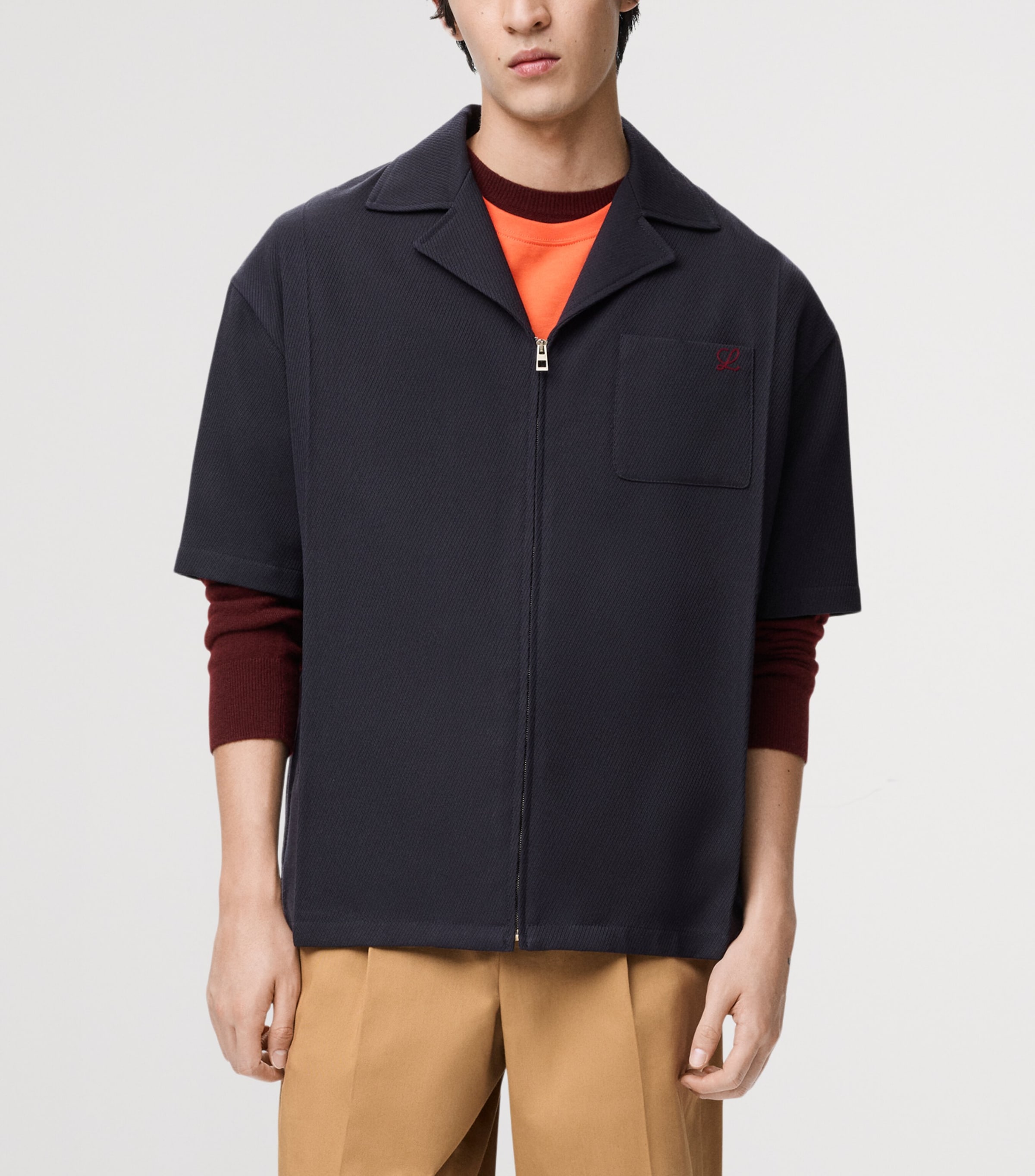 Wool Short-Sleeve Zip-Up Shirt DARK NAVY BLUE Image 3