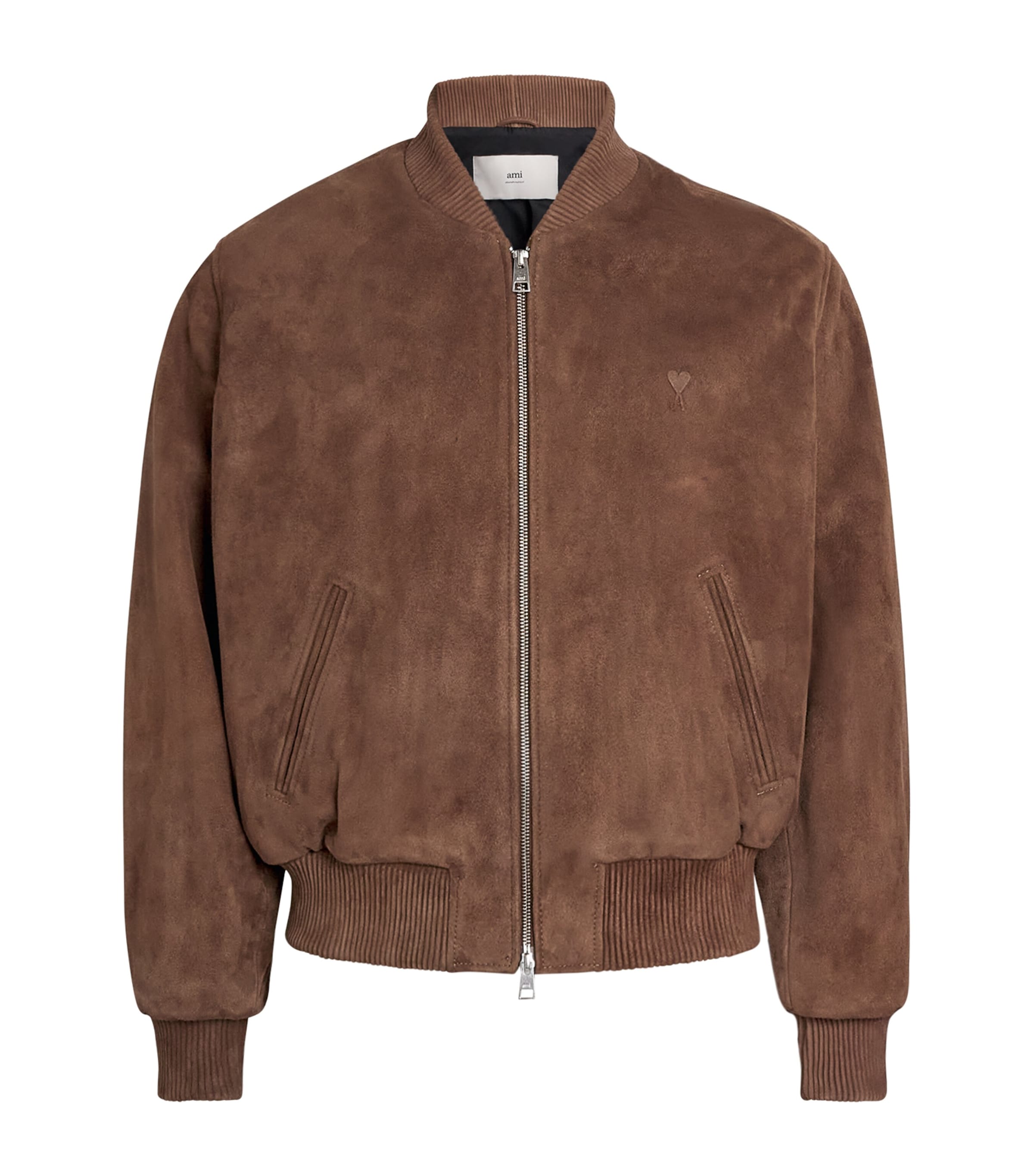 Ami Alexandre Mattiussi Suede Ami De Coeur Bomber Jacket In Brown