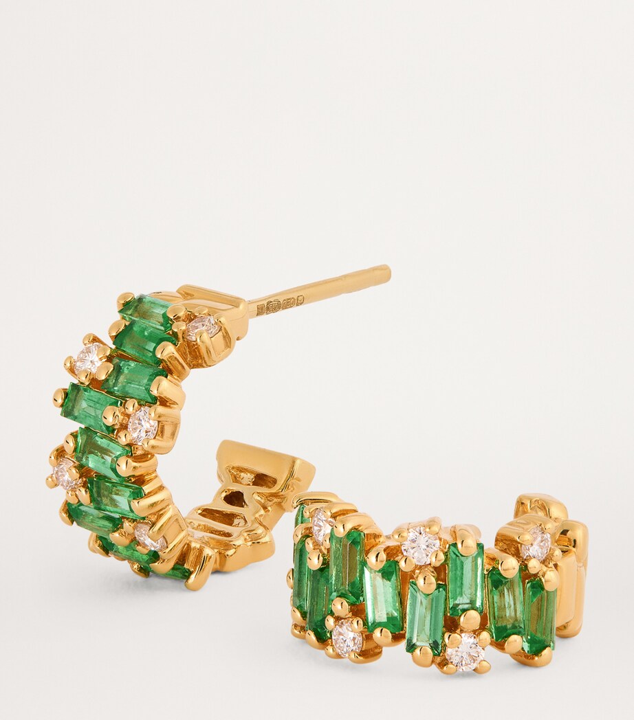 Yellow Gold, Emerald and Diamond Shimmer Hoop Earrings 18K YG/EMER Image 6