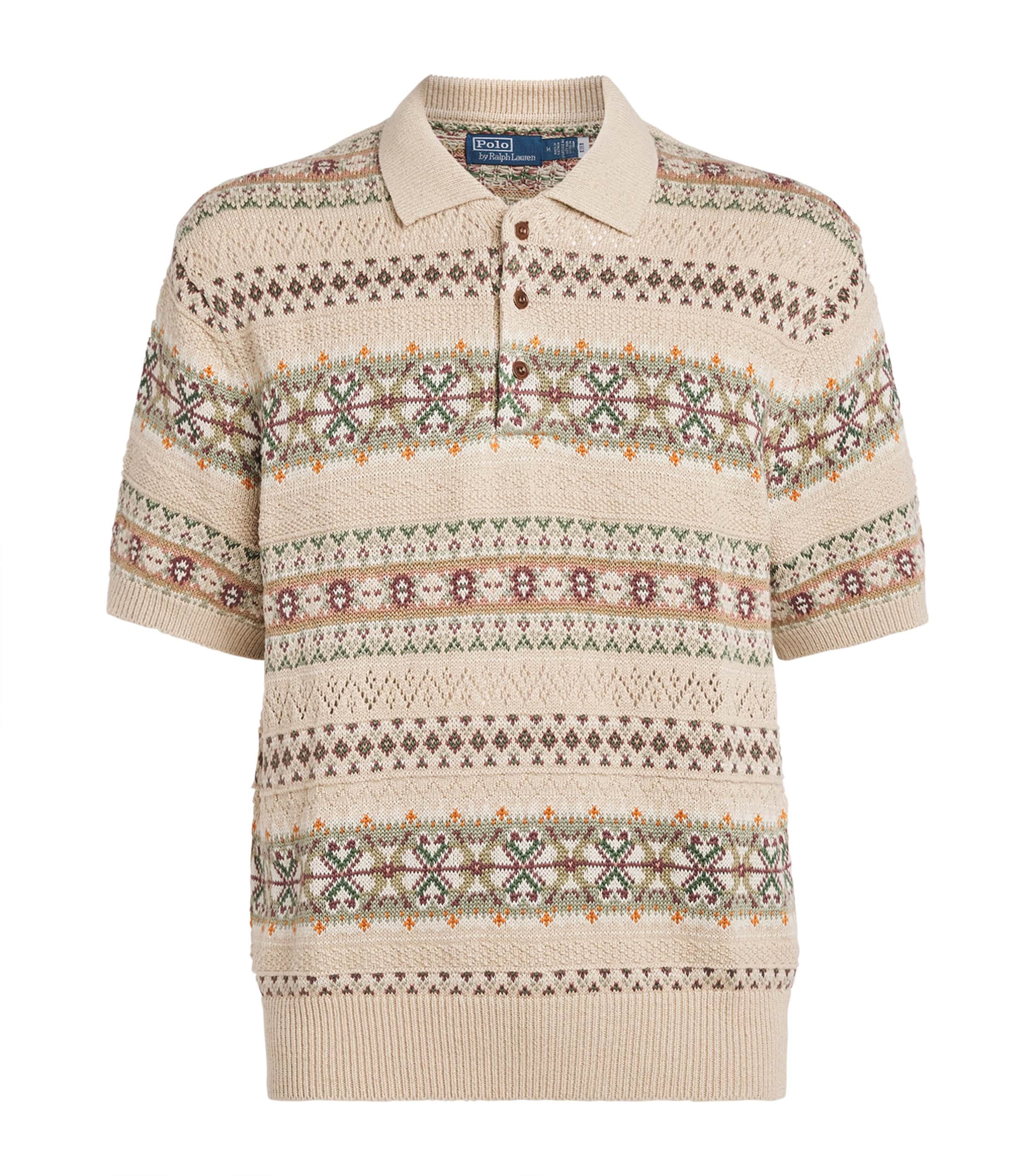 Polo Ralph Lauren Mens Linen-Cotton Fair Isle Polo Sweater Tan Combo Image 1