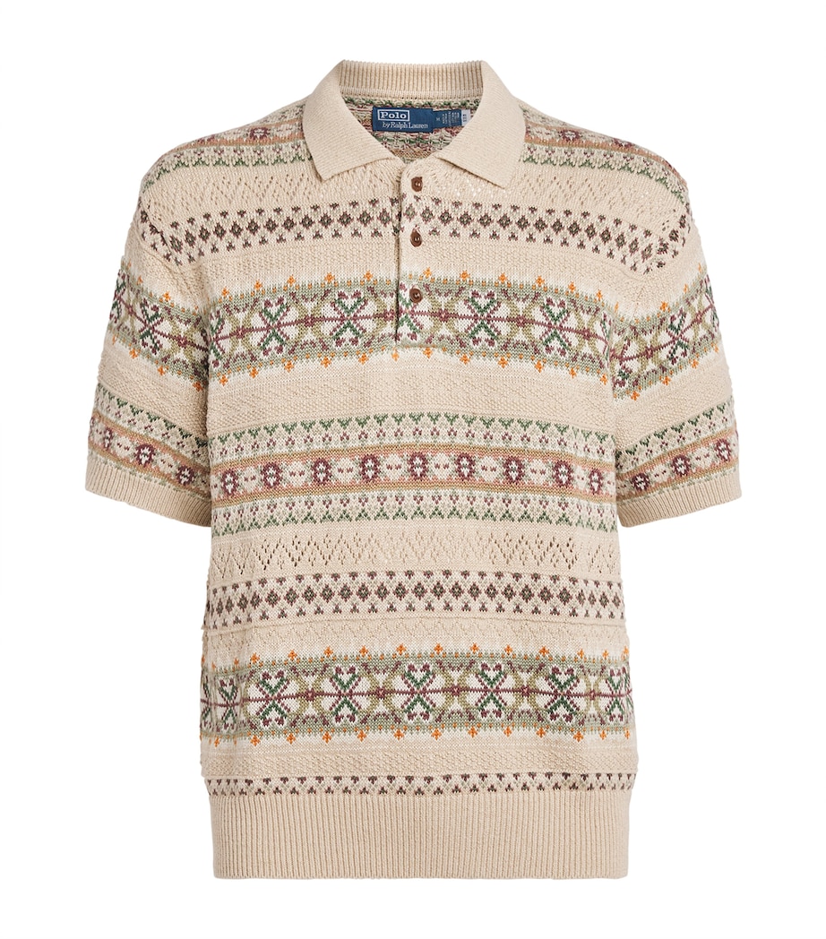 Polo Ralph Lauren Mens Linen-Cotton Fair Isle Polo Sweater Tan Combo Image 1