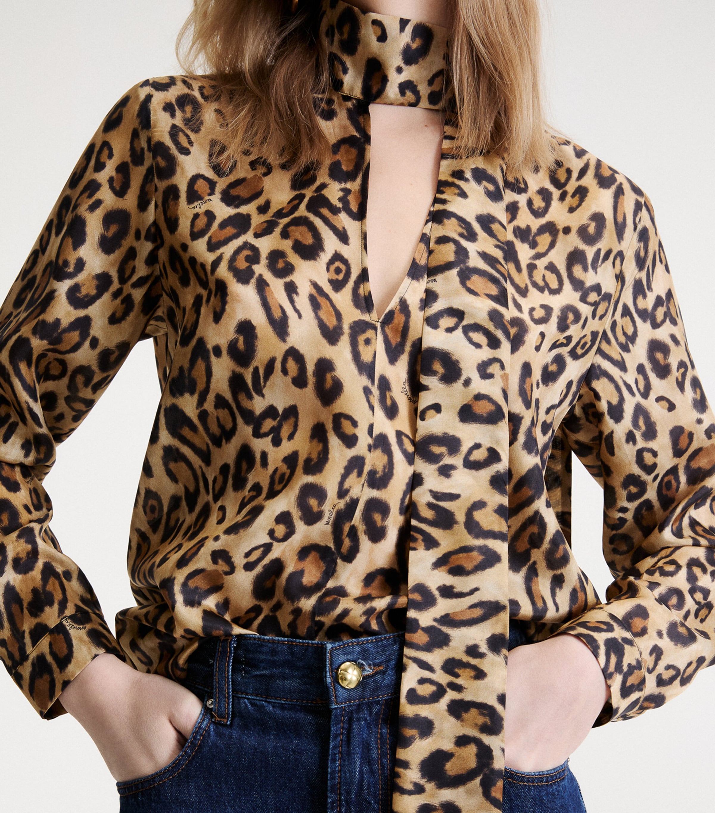 Marella Womens Silk Leopard Print Pussybow Blouse Beige Image 5