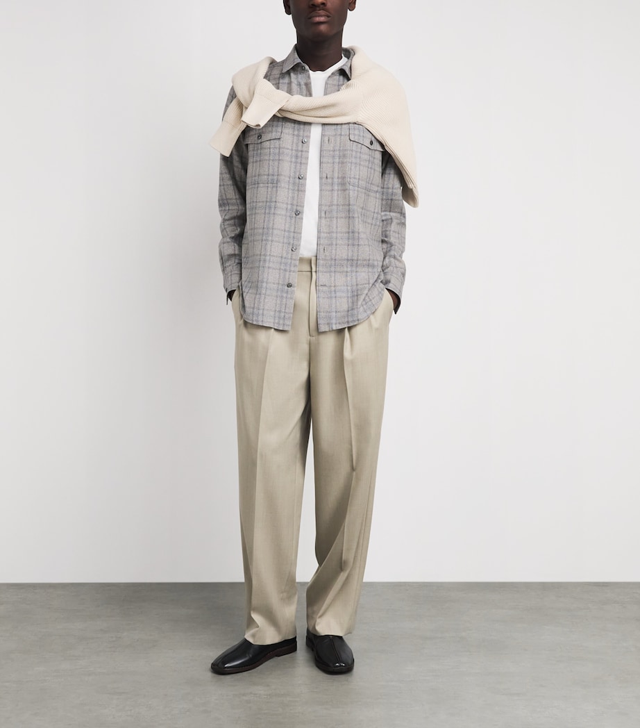 Agnona Mens Silk-Wool Check Shirt Grey Light Blue Image 2