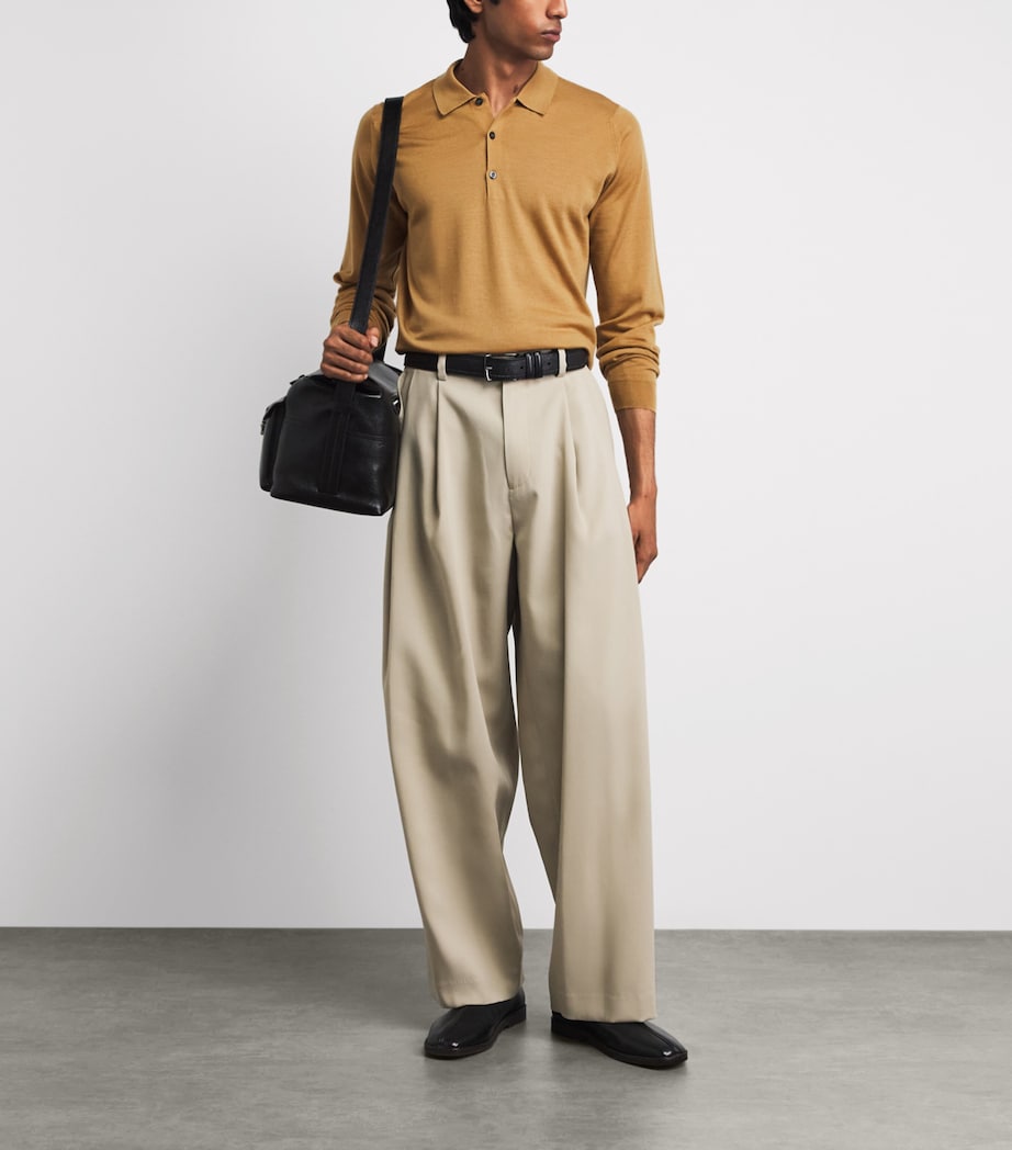 John Smedley Mens Merino Wool Long-Sleeve Polo Shirt Yellow Lustre Image 2