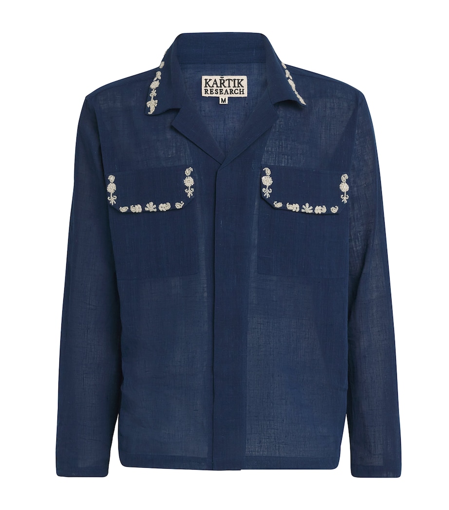 Kartik Research Mens Cotton Embroidered Surya Shirt Blue/ White Image 1