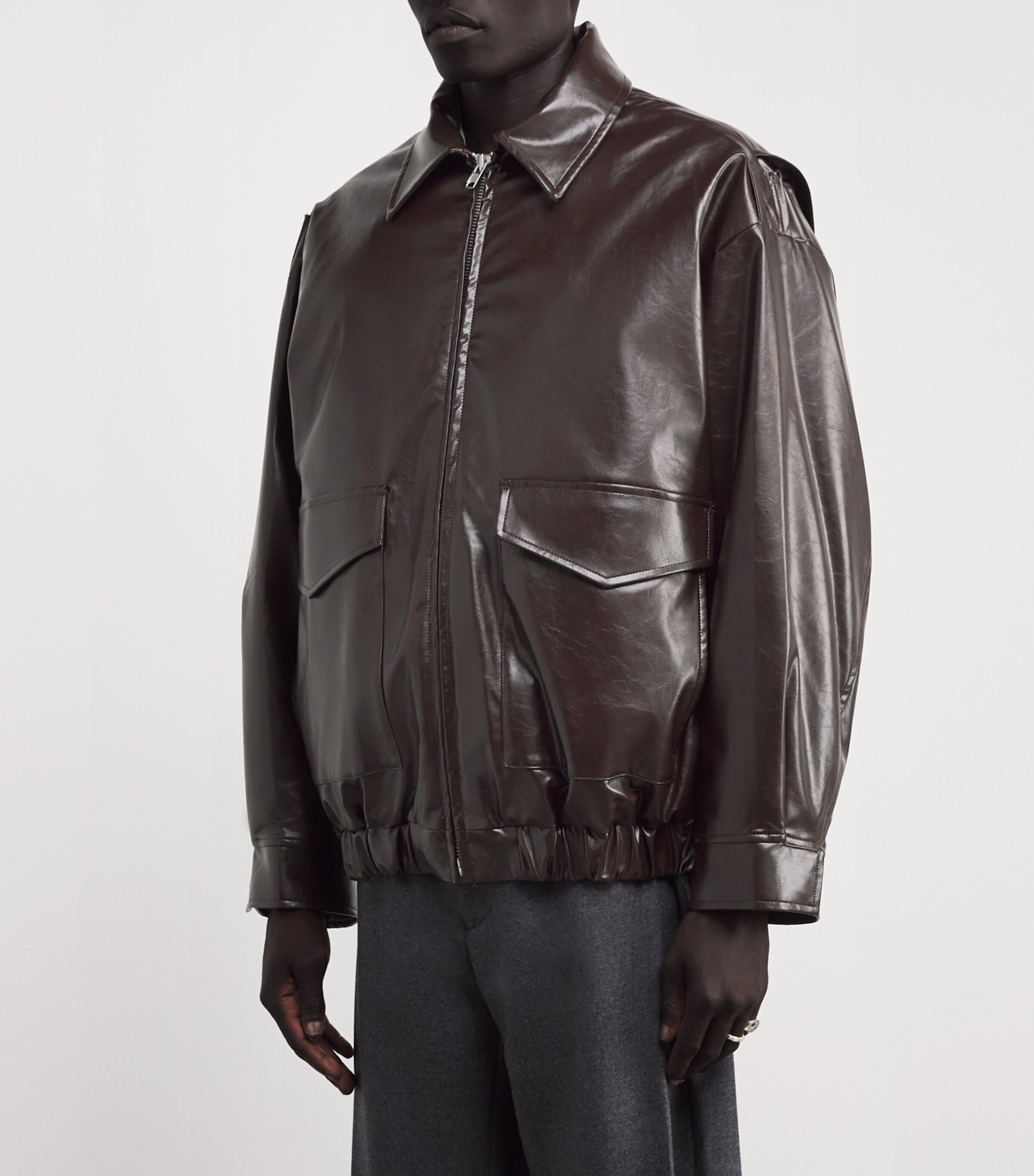 MM6 Maison Margiela Mens Faux Leather Bomber Jacket Burgundy Image 3