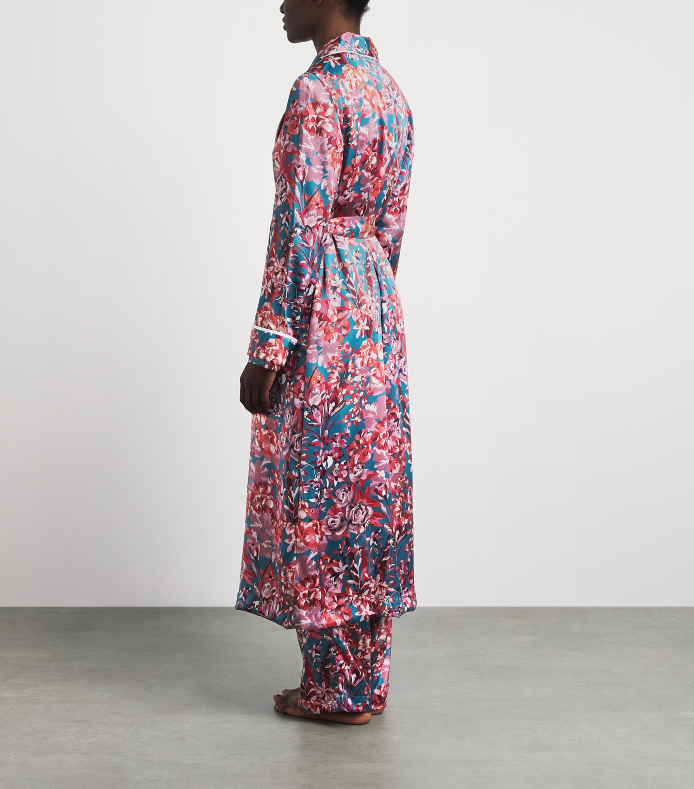 Derek Rose Womens Silk Floral Night Robe Teal Image 4