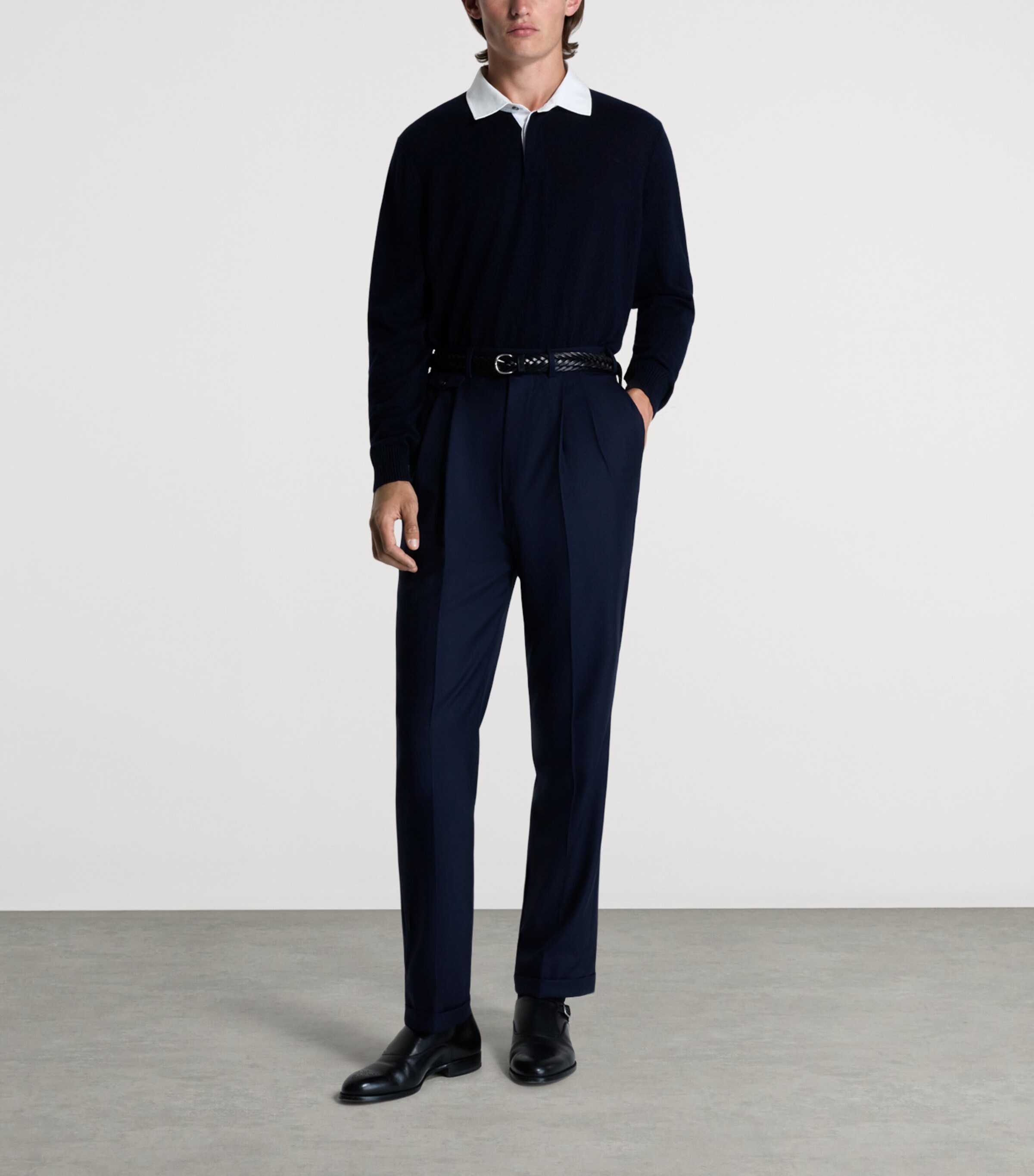 Dunhill Mens Cashmere-Linen Polo Sweater Navy Image 2
