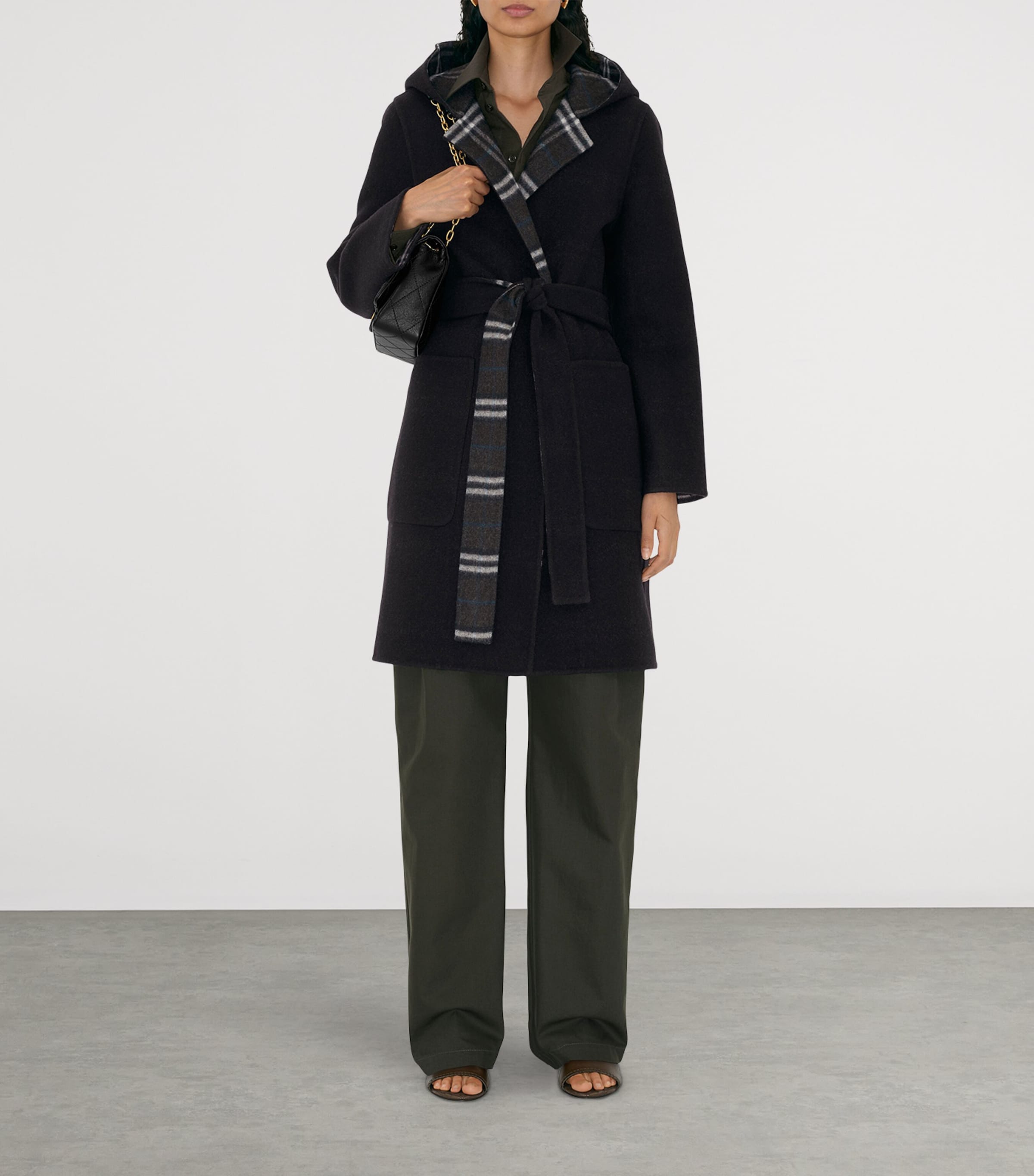 Wool Reversible Hooded Wrap Coat BLACK/SNUG IP CHECK Image 2