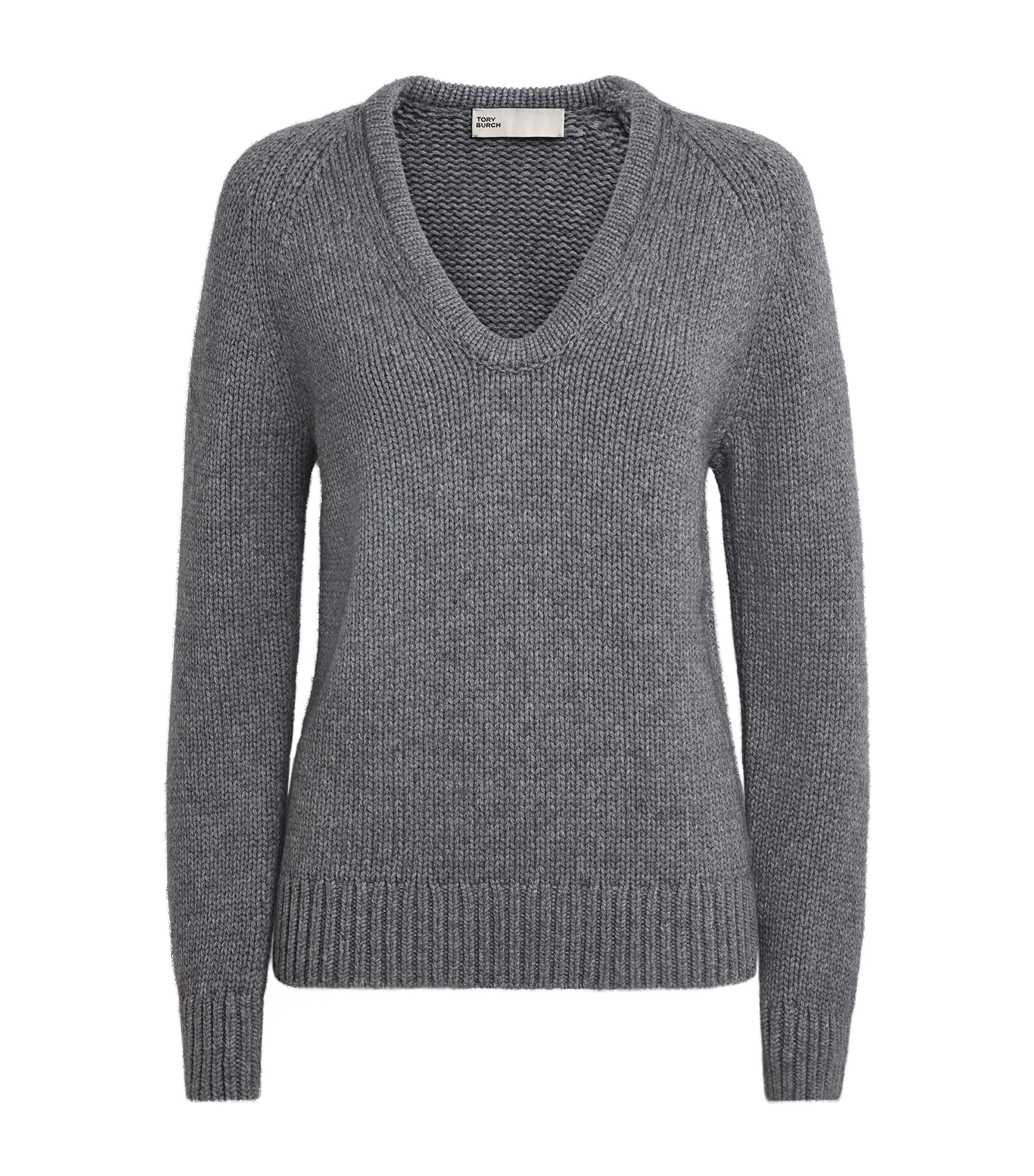Tory Burch Womens Wool U-Neck Sweater Cloudy Gray Melange Image 1