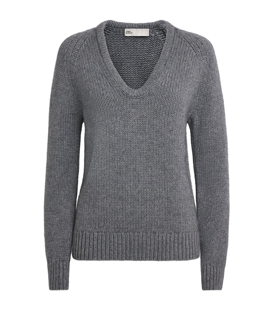Tory Burch Womens Wool U-Neck Sweater Cloudy Gray Melange Image 1
