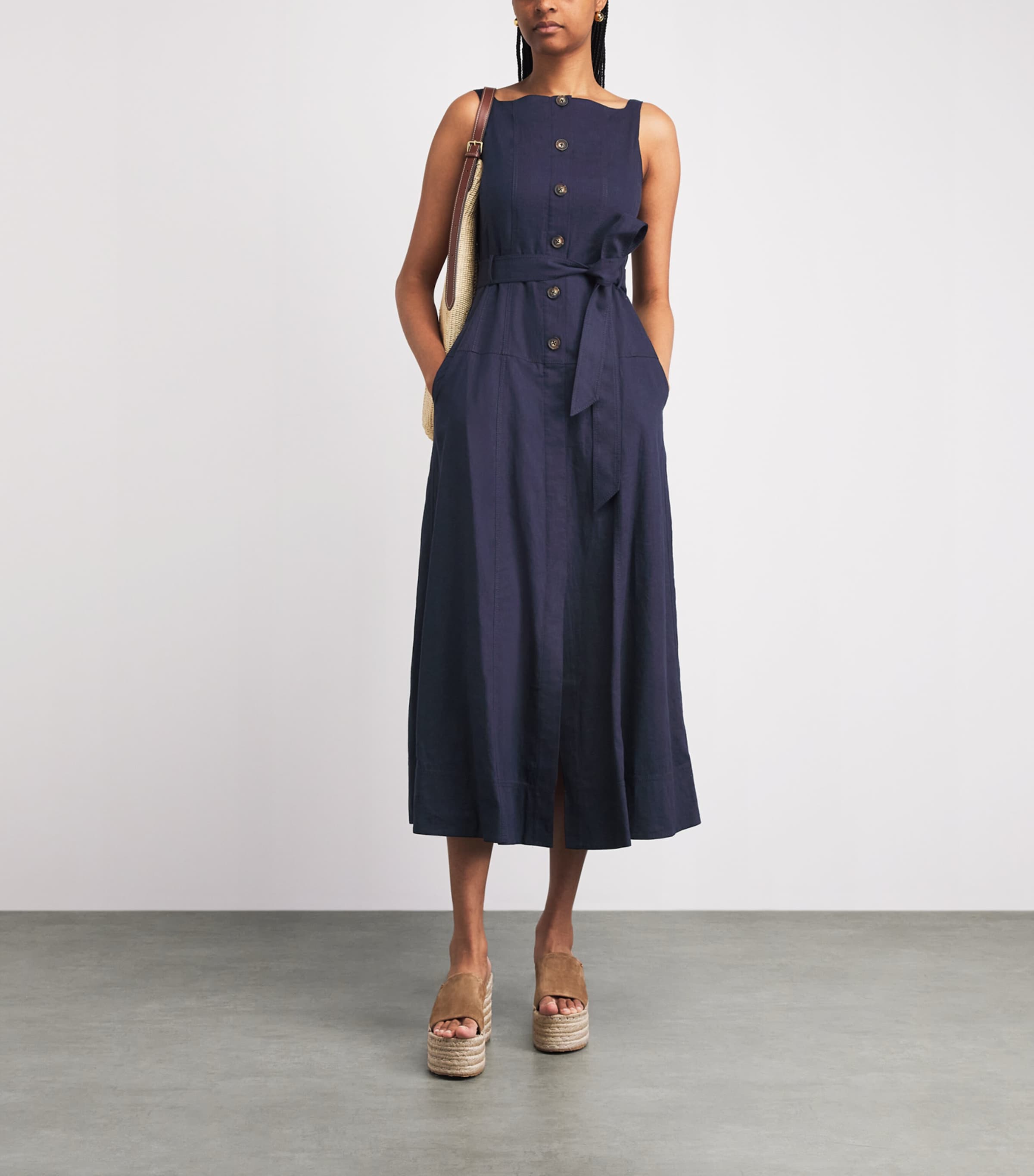 ME+EM Womens Creaseless Linen-Blend Midi Dress Navy Image 2