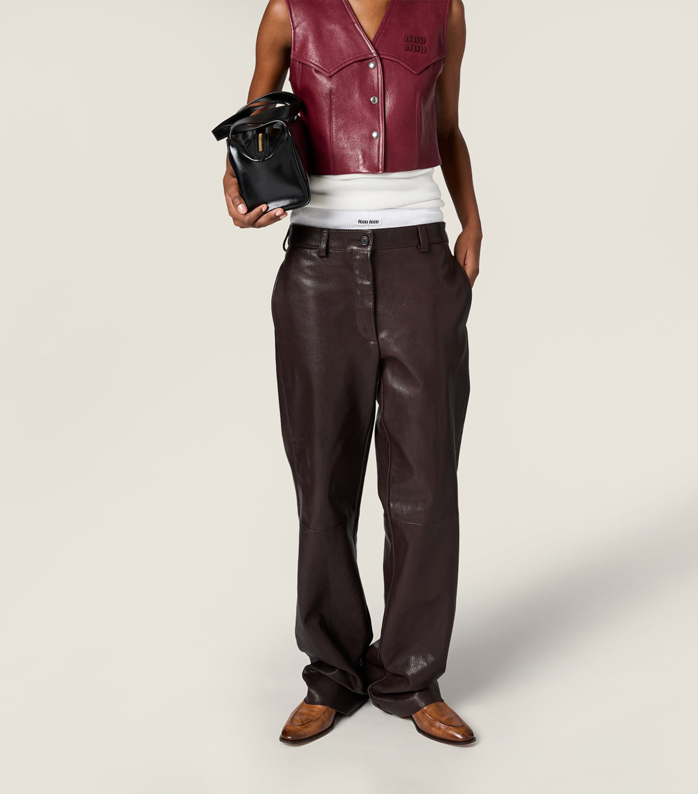 Miu Miu Womens Leather Trousers Brown Image 5