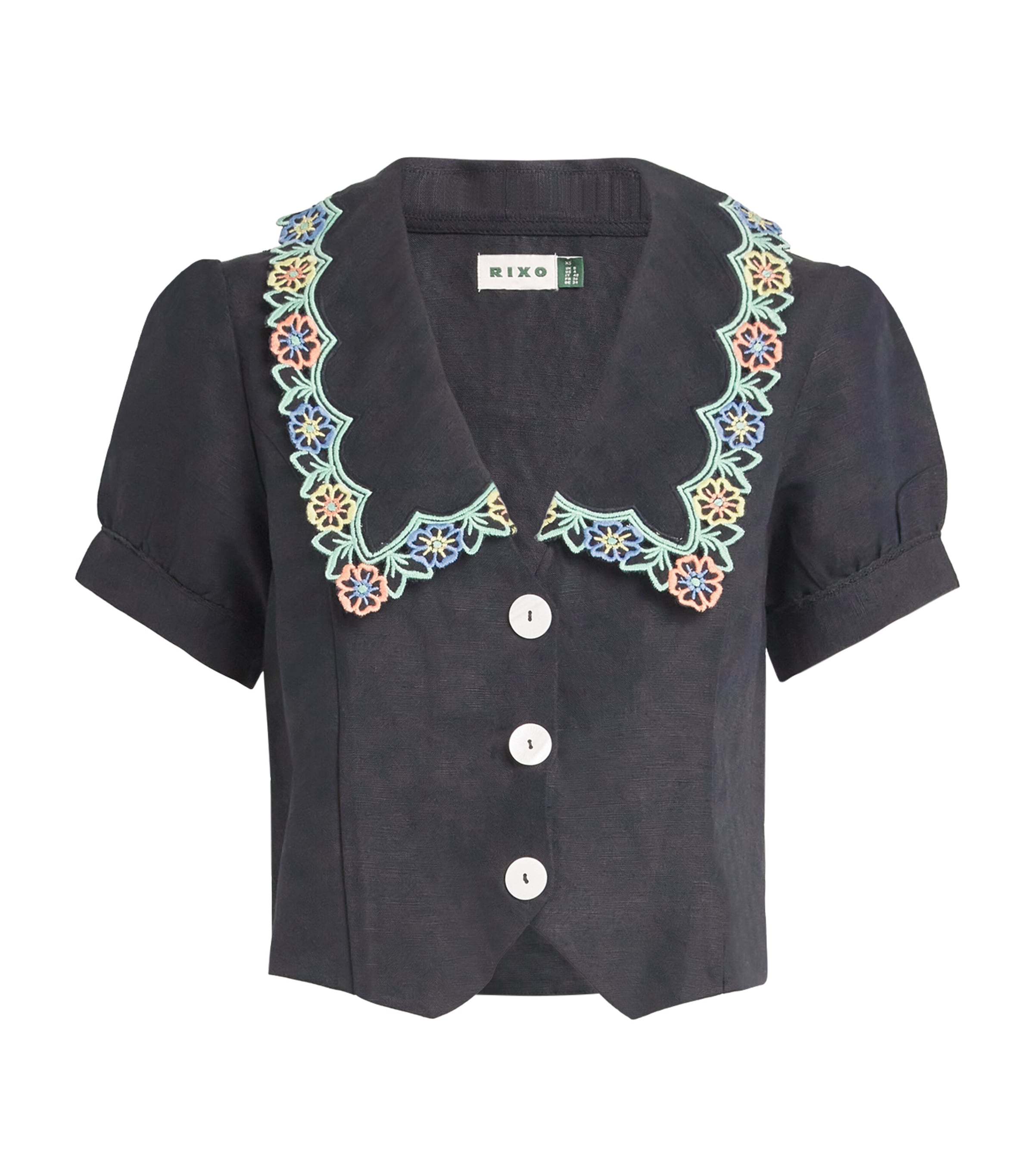 Shop Rixo London Linen-blend Embroidered Zinia Blouse In Black