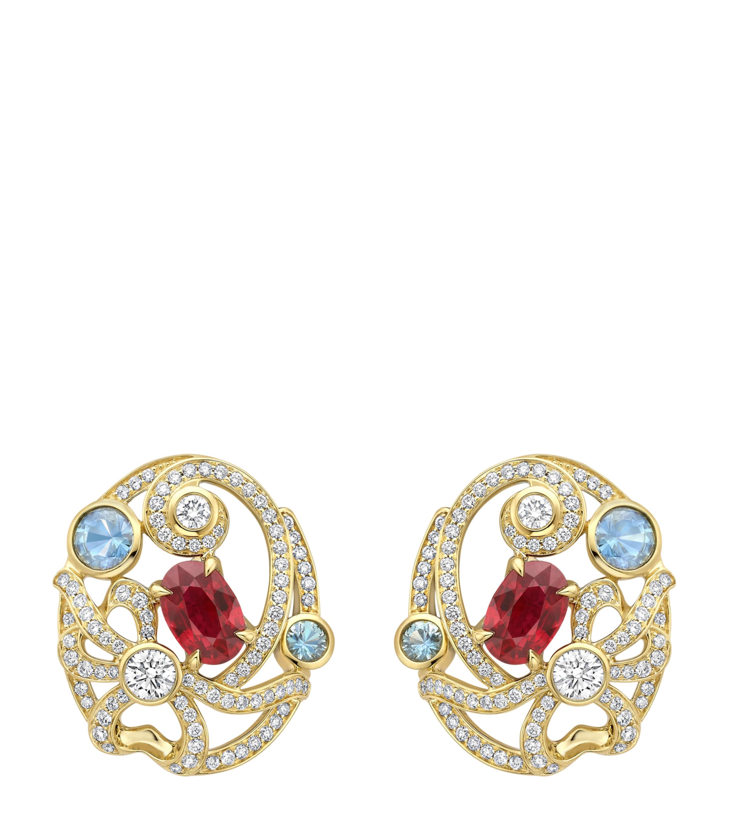 Boodles Yellow Gold, Diamond, Ruby and Sapphire Presence Chamber Palace Earrings Red Image 1
