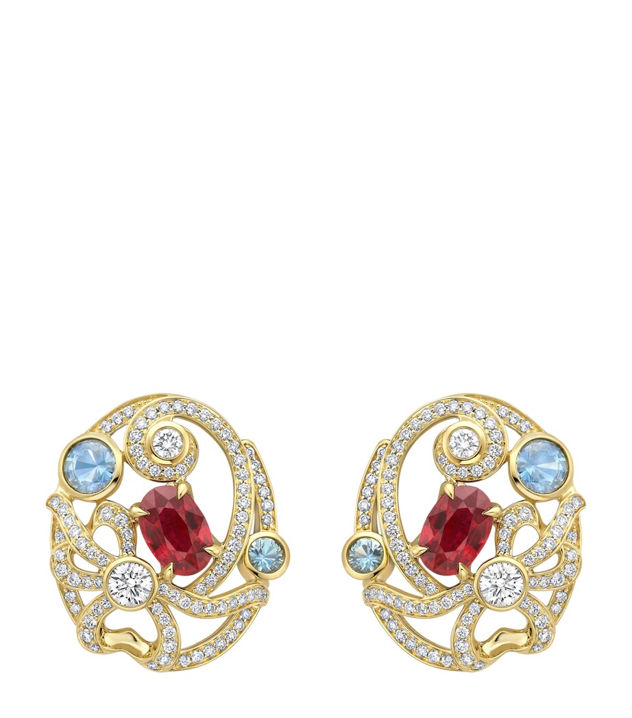 Boodles Yellow Gold, Diamond, Ruby and Sapphire Presence Chamber Palace Earrings Red Image 1