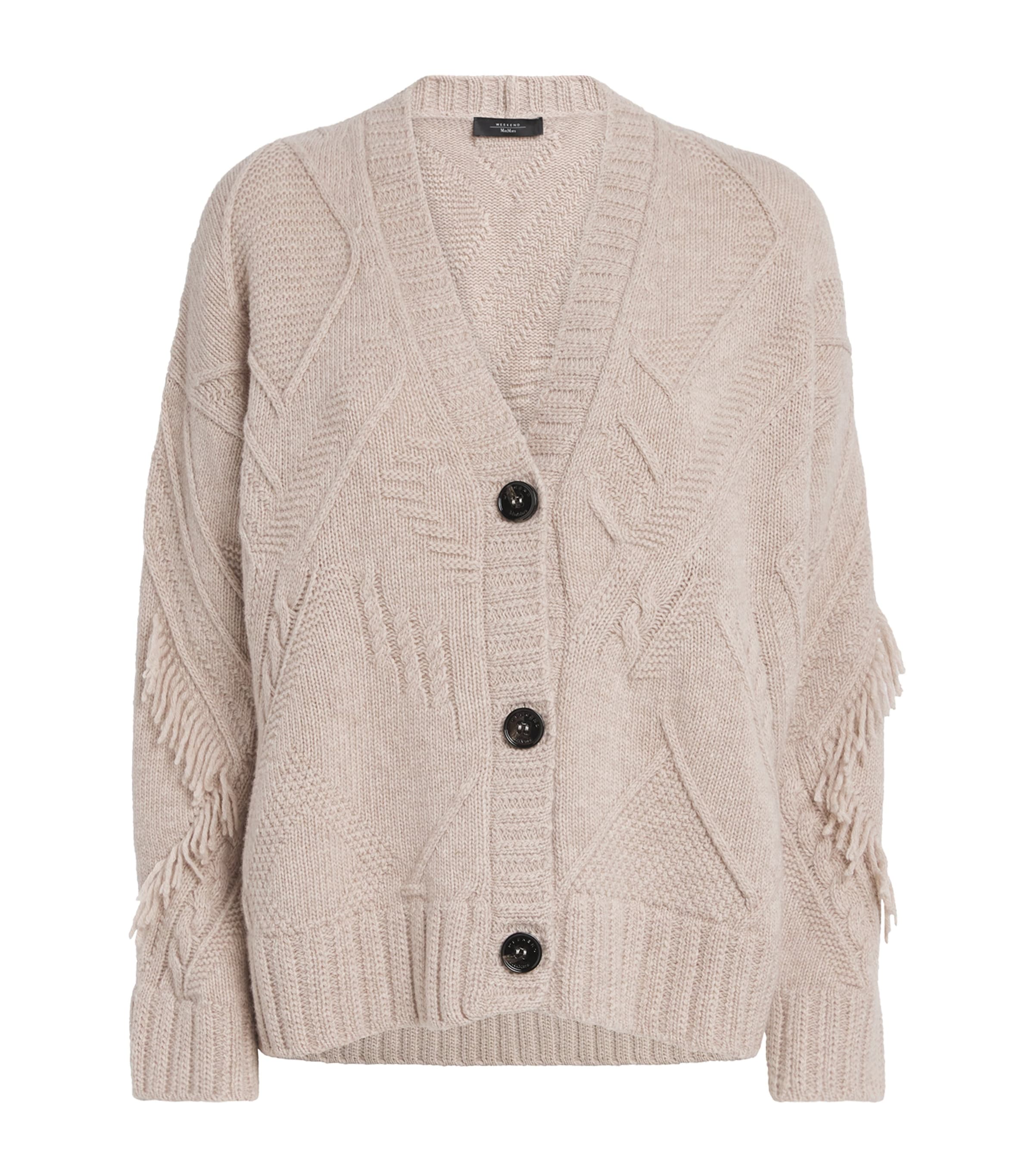 Weekend Max Mara Virgin Wool Fringe Cardigan In Sand