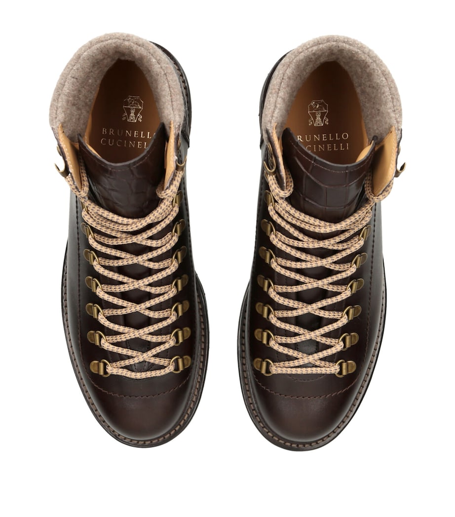 Crocodile Leather Wool-Trim Boots DARK BROWN Image 4