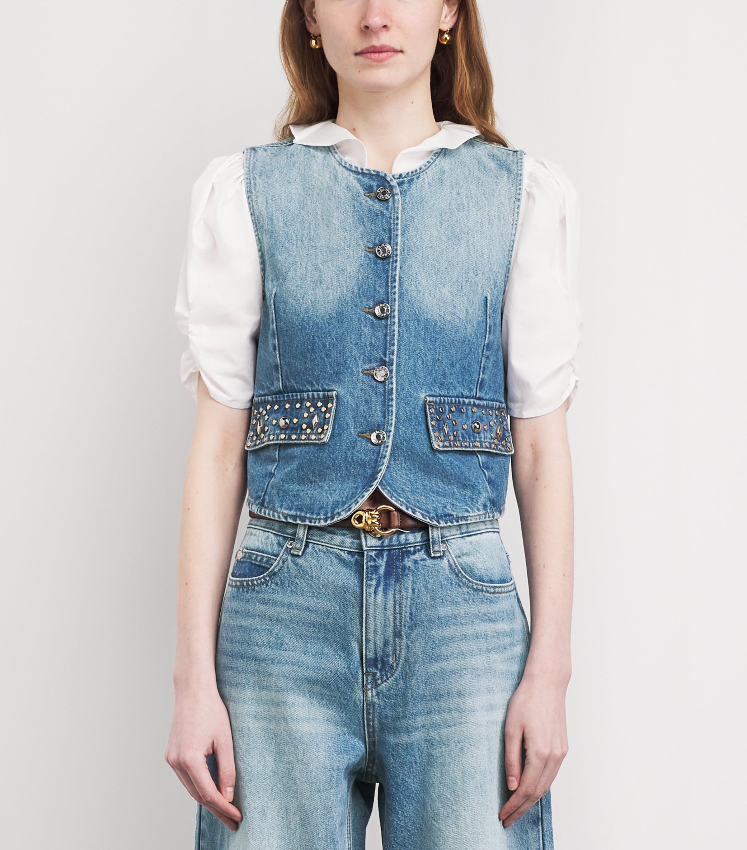 Sandro Paris Womens Embellished Denim Waistcoat Blue Jean Image 4