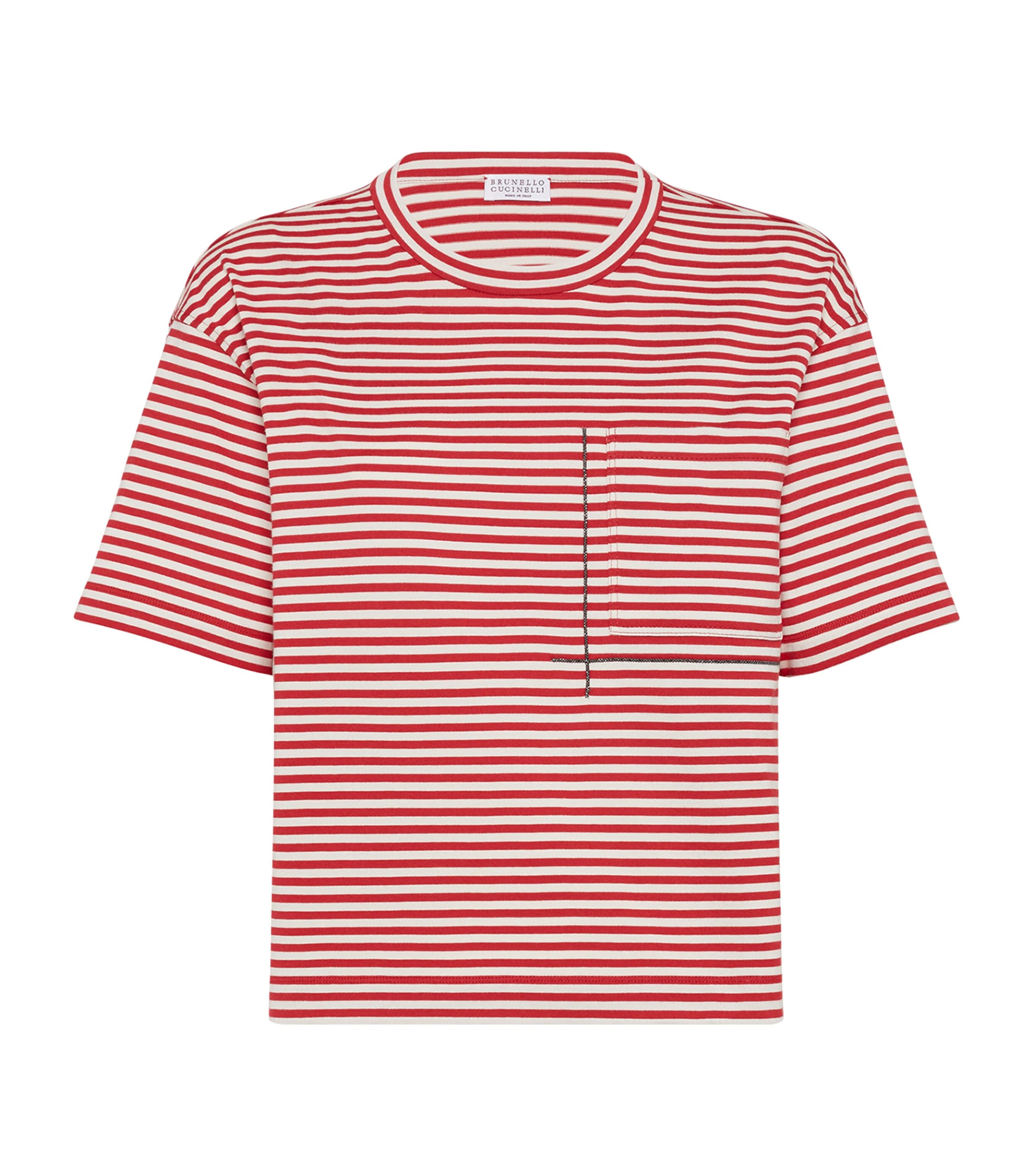 Brunello Cucinelli Red Crewneck T-shirt With All-over Striped Motif And Jewel Detail On The Front In In White