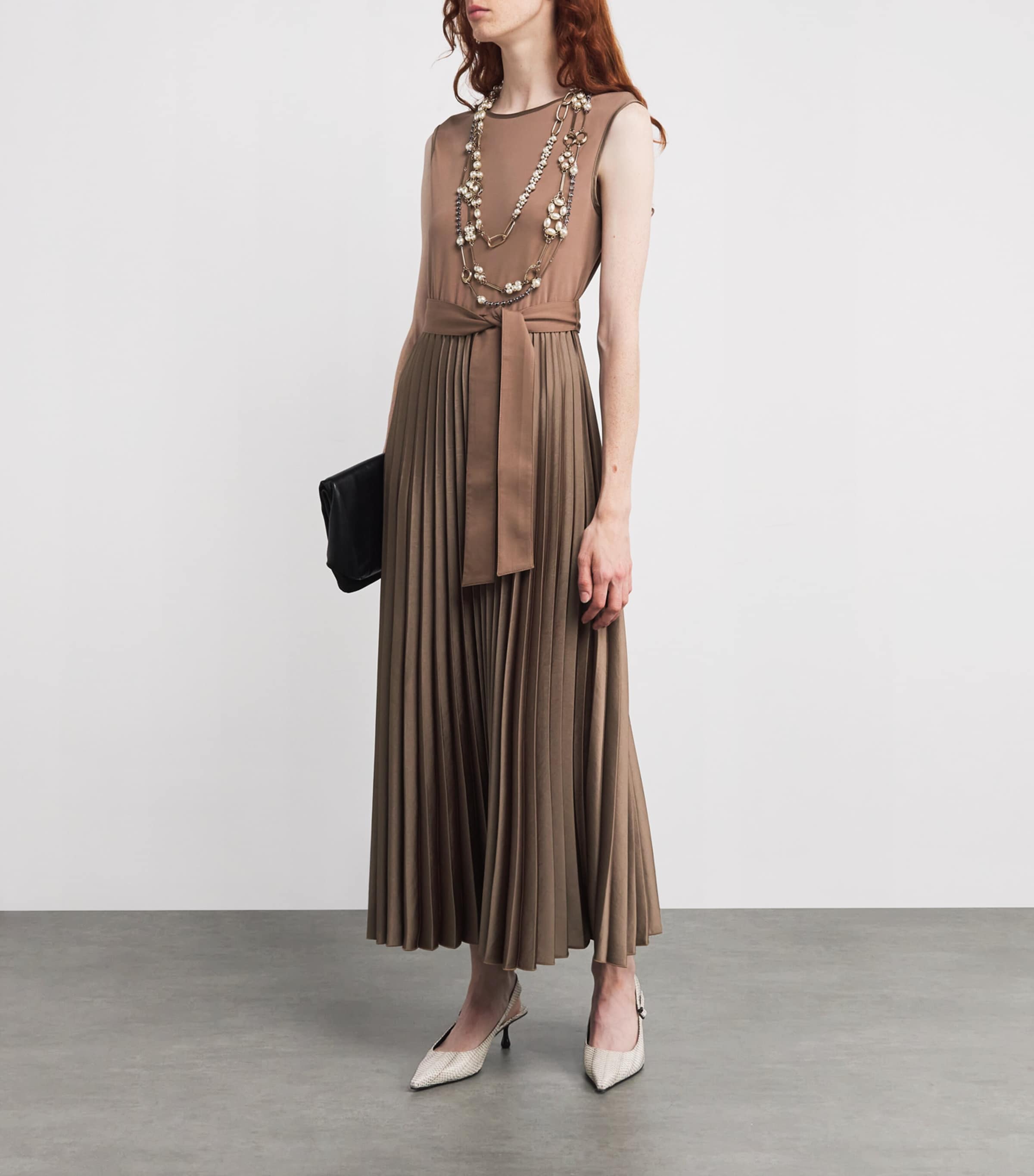 Weekend Max Mara Brown Jersey Pleated Midi Dress Harrods UK