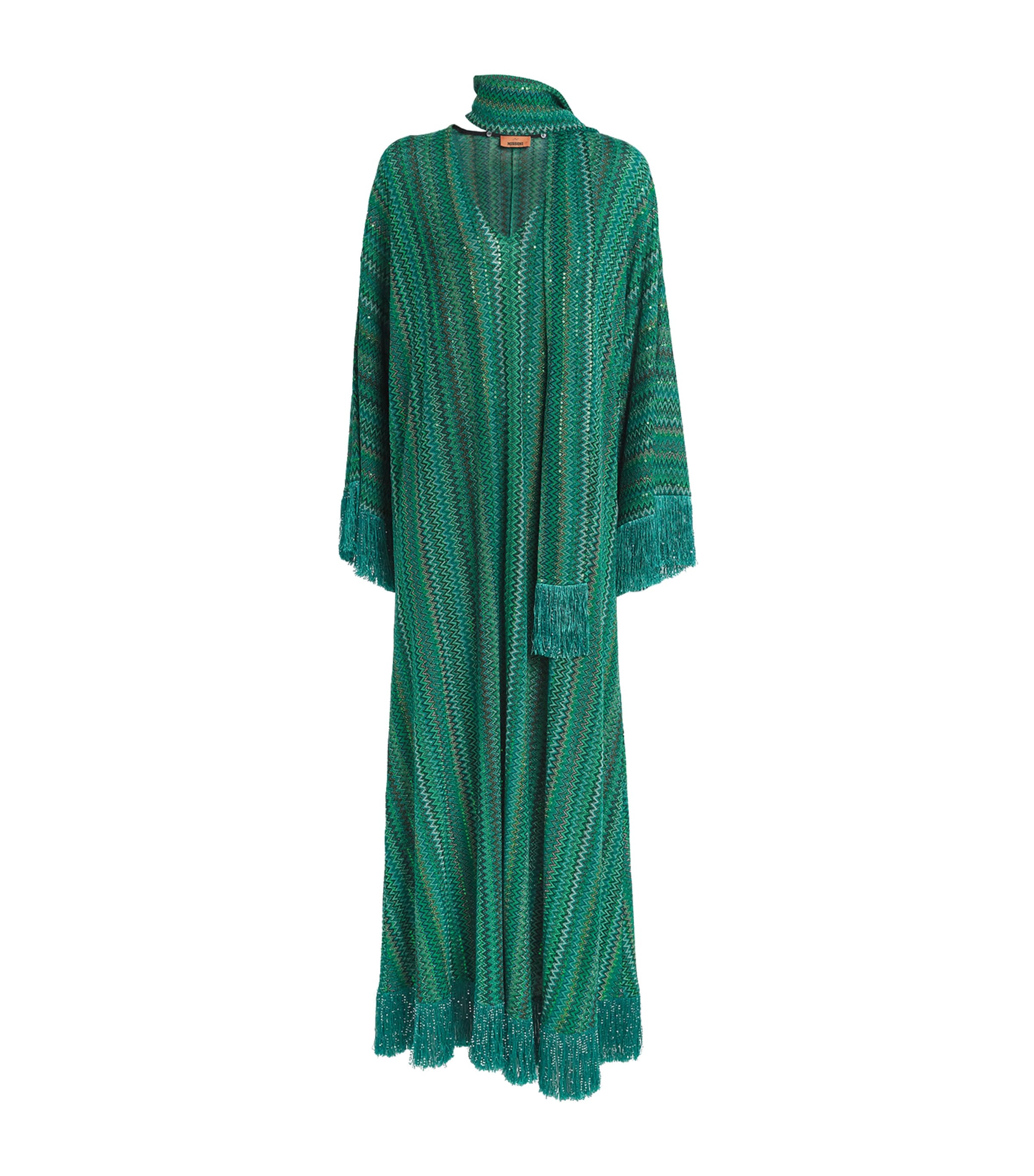 Shop Missoni Fringed Zigzag Kaftan In Green