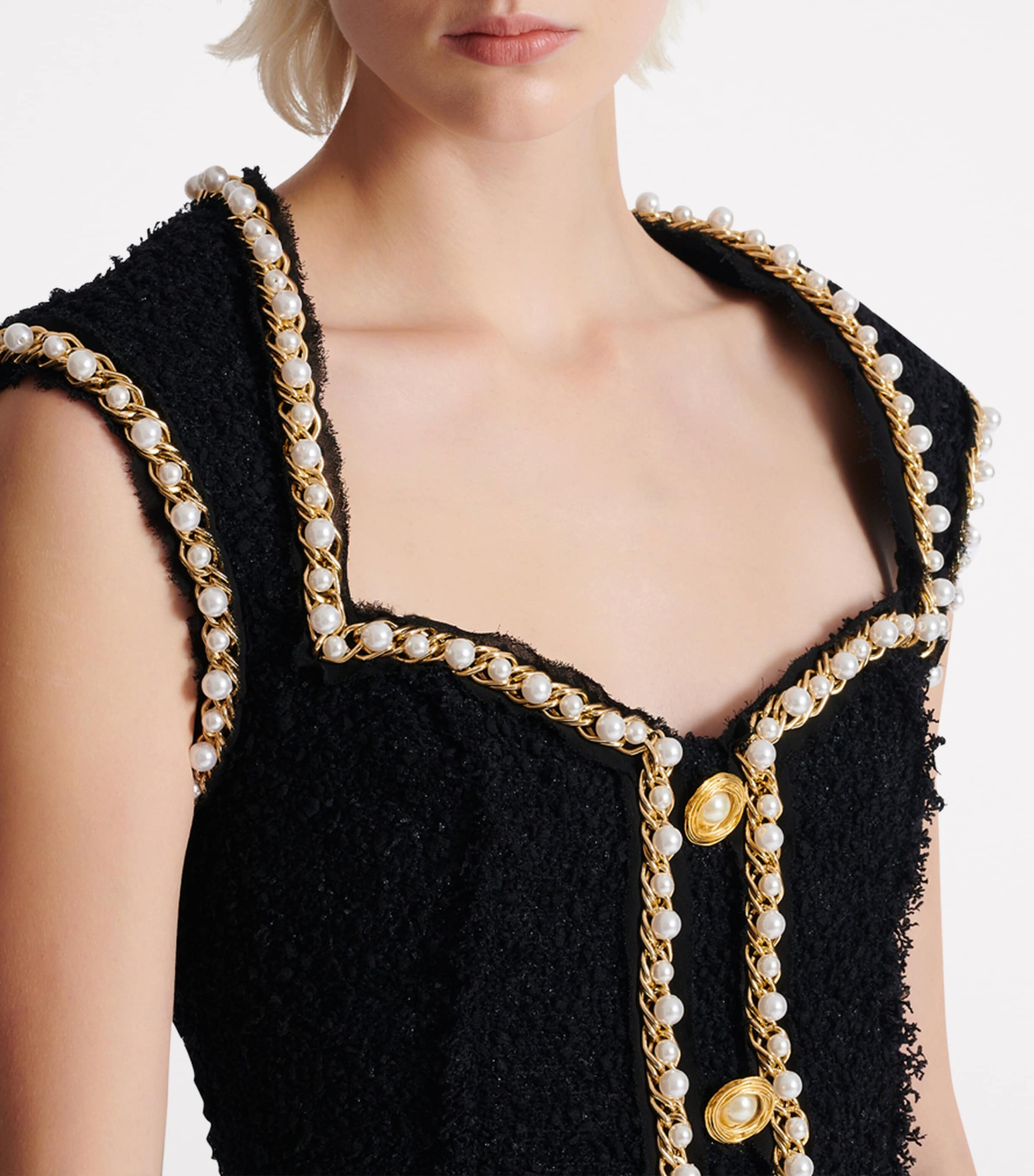 Balmain Womens Tweed Embellished Mini Dress Eel Black Image 2