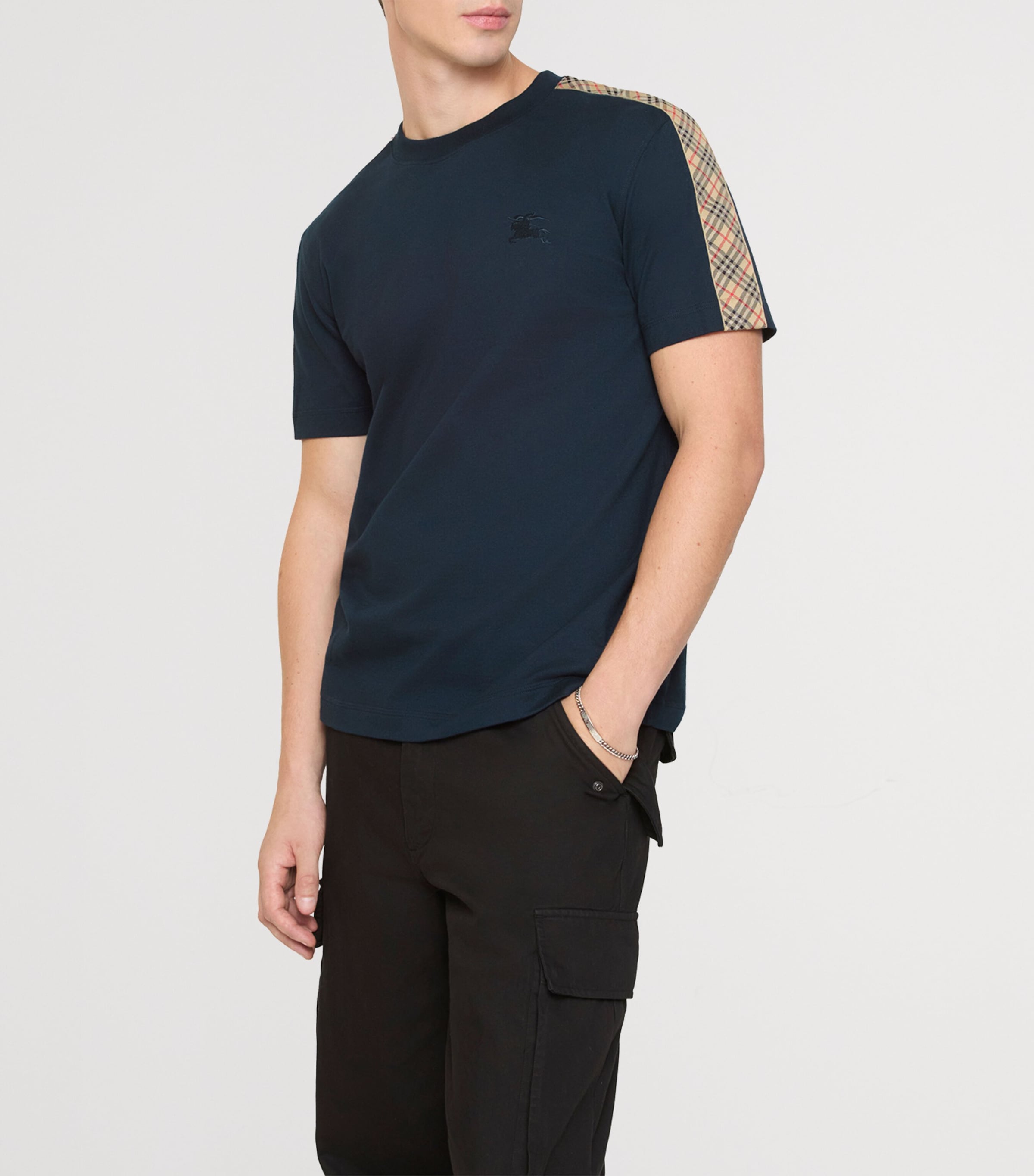 Cotton Check-Trim Slim T-Shirt NAVY Image 2