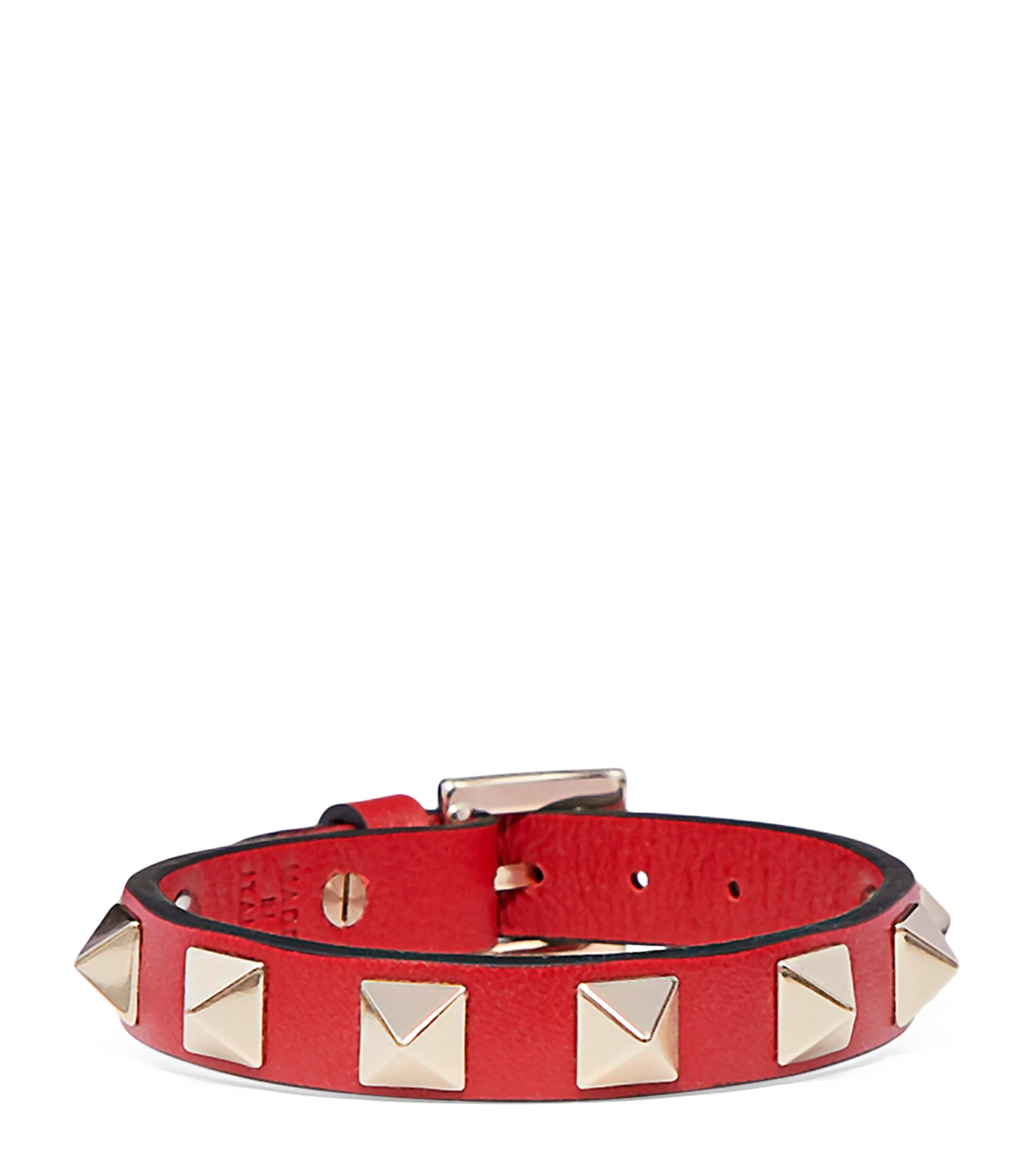 Shop Valentino Leather Rockstud Bracelet In Red