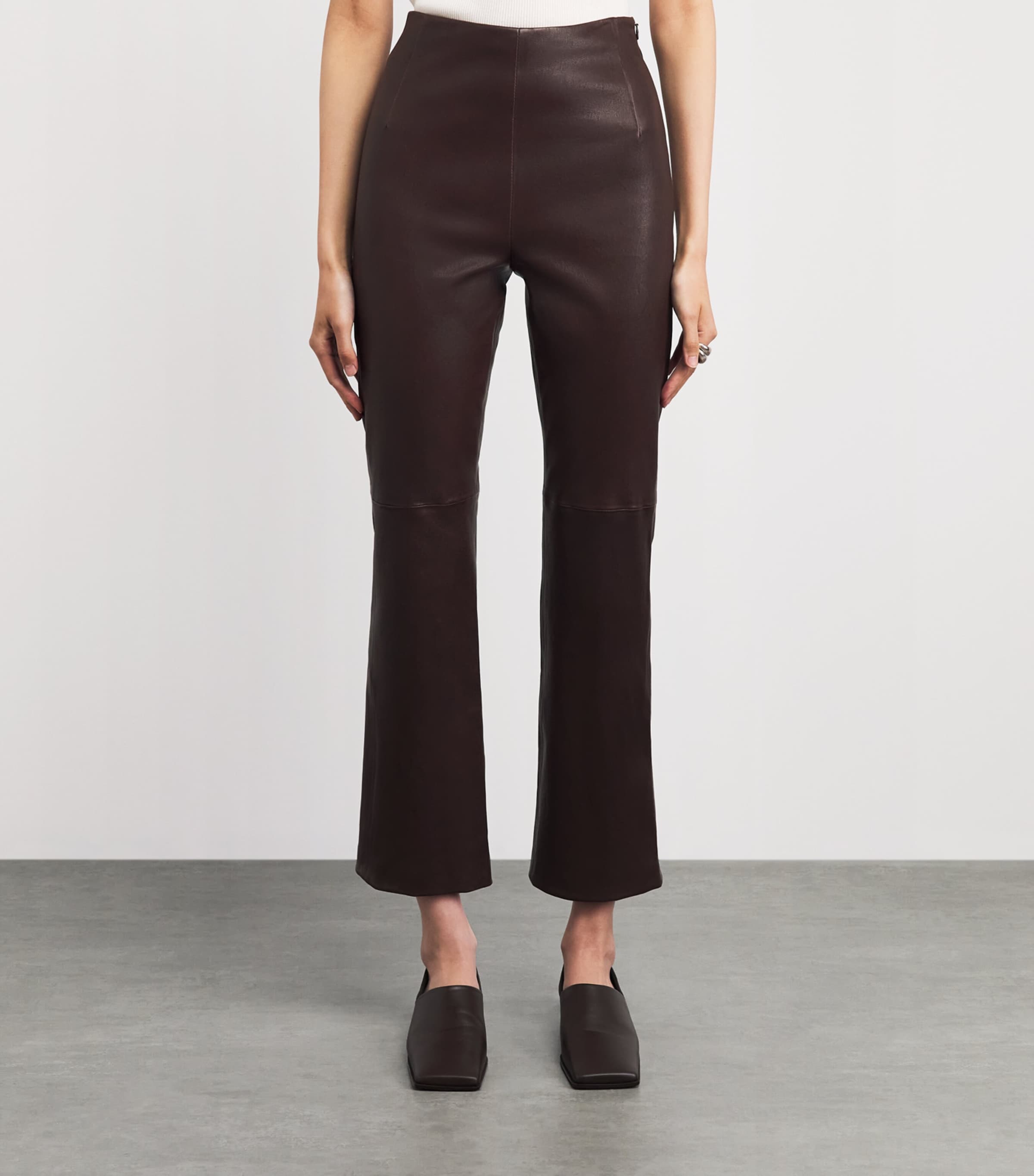 NOUR HAMMOUR Womens Leather Cropped Capri Trousers Brown Stretch Image 4