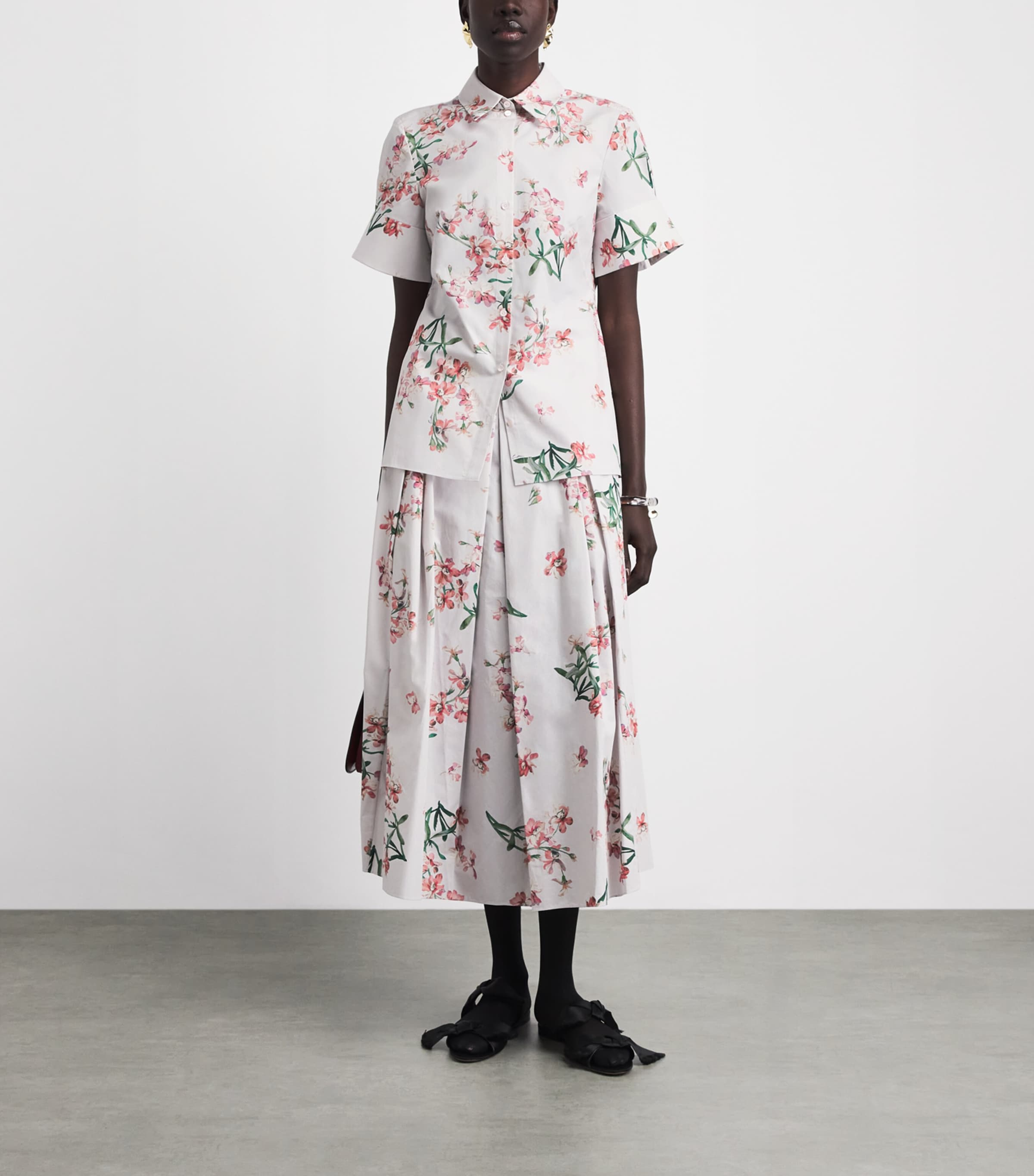 Erdem Womens Cotton Floral Pleated Midi Skirt Paintd Orchd Ptl Pnk Image 2