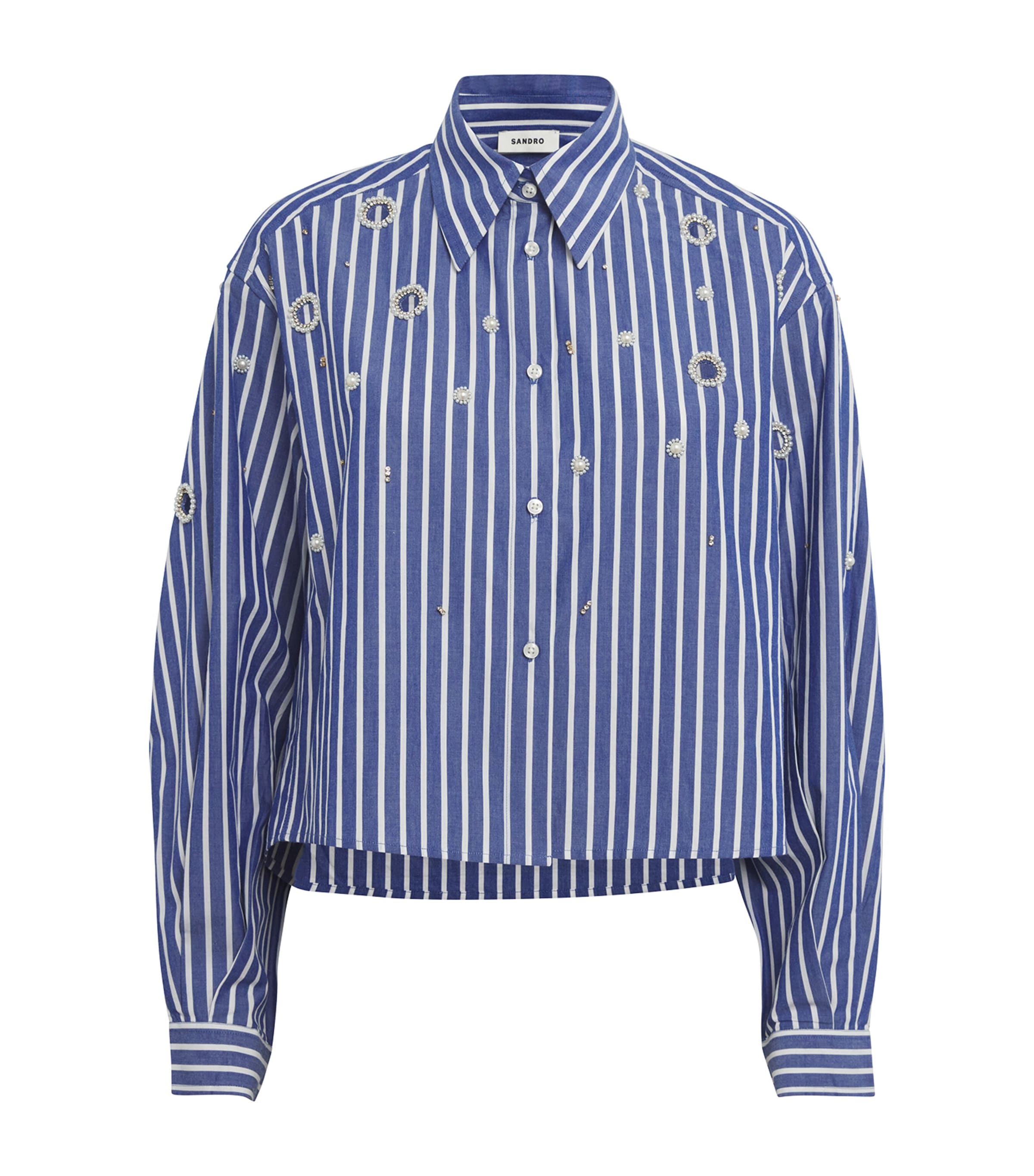Sandro Womens Bleus Striped Rhinestone-embellished Cotton Shirt In Blue