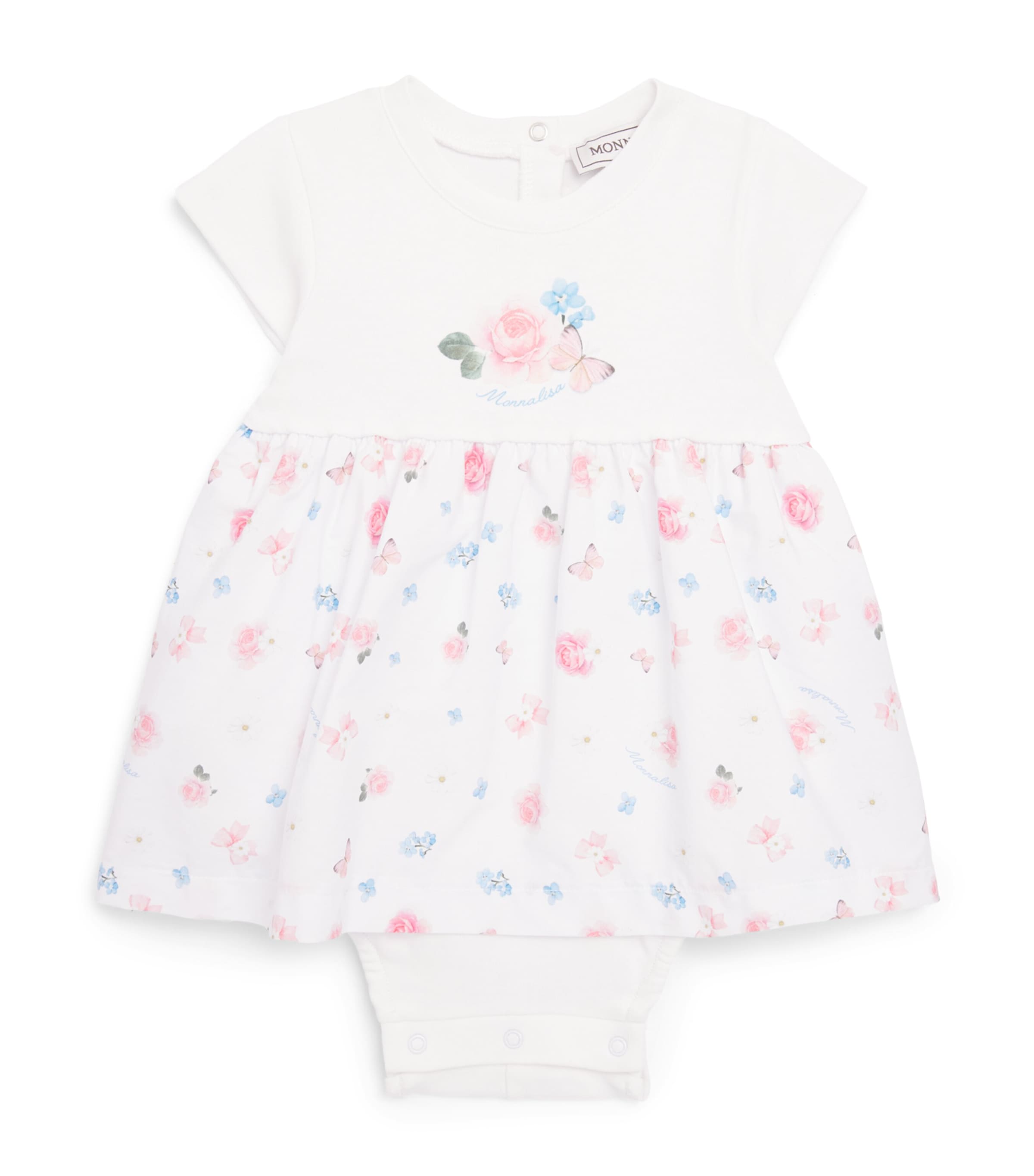 Monnalisa Cotton Floral Print Dress with Bloomers (1-9 Months) Optical White Image 1