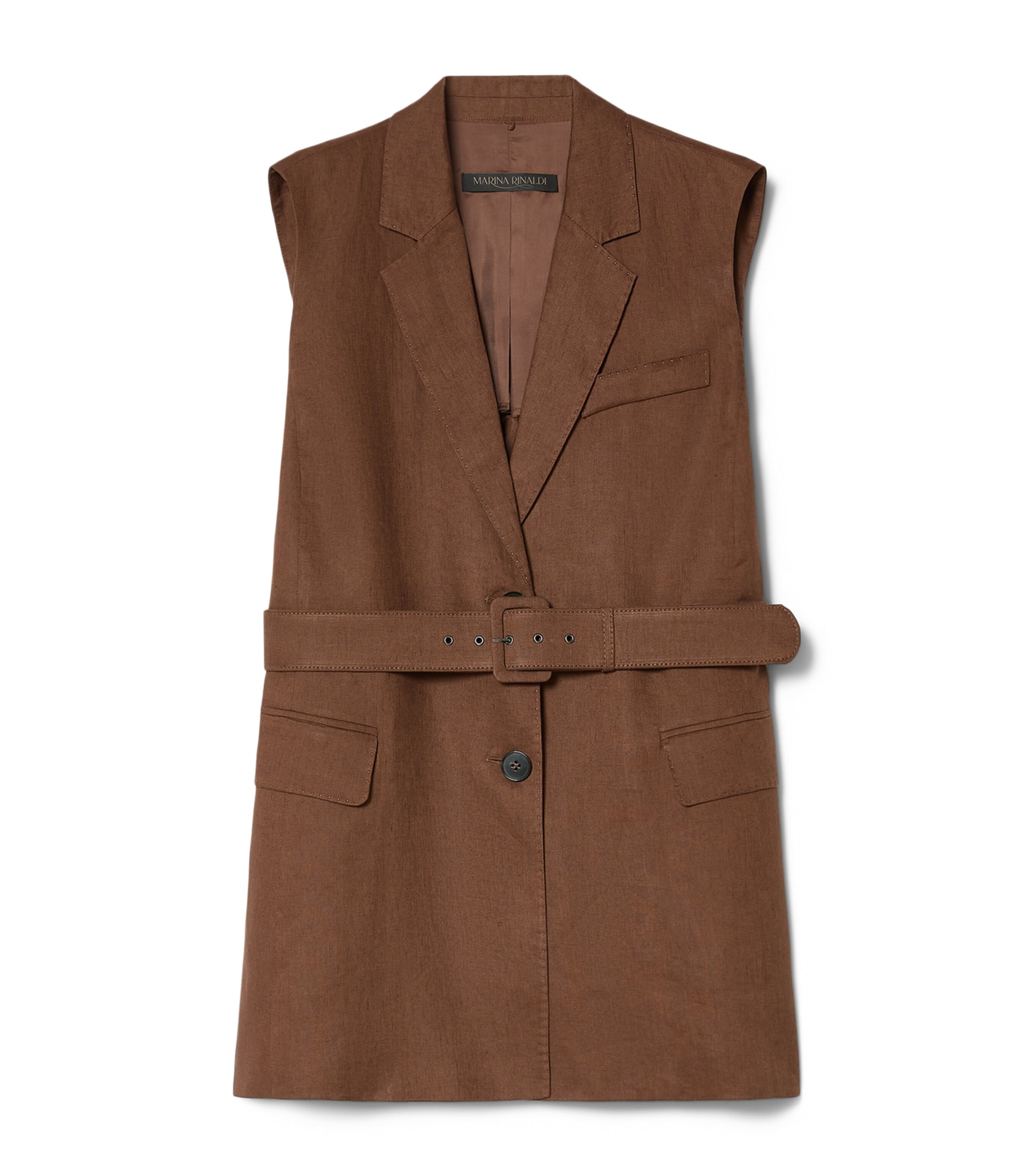 Marina Rinaldi Womens Linen Canvas Belted Waistcoat Cocoa Image 1
