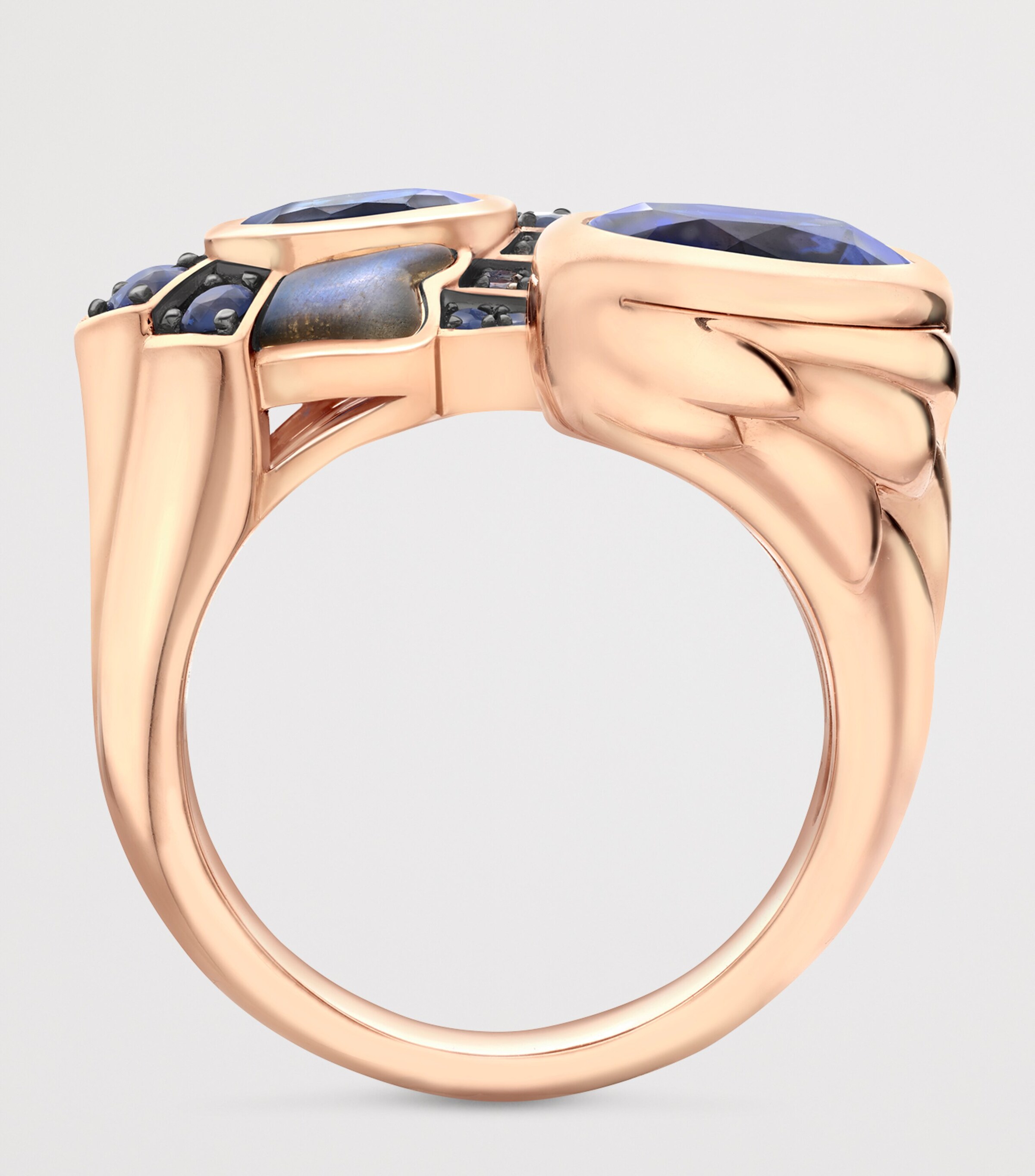 Boodles Rose Gold, Sapphire and Labradorite The Palace Collection Raven's Watch Gemini Sapphire Ring Blue Image 4