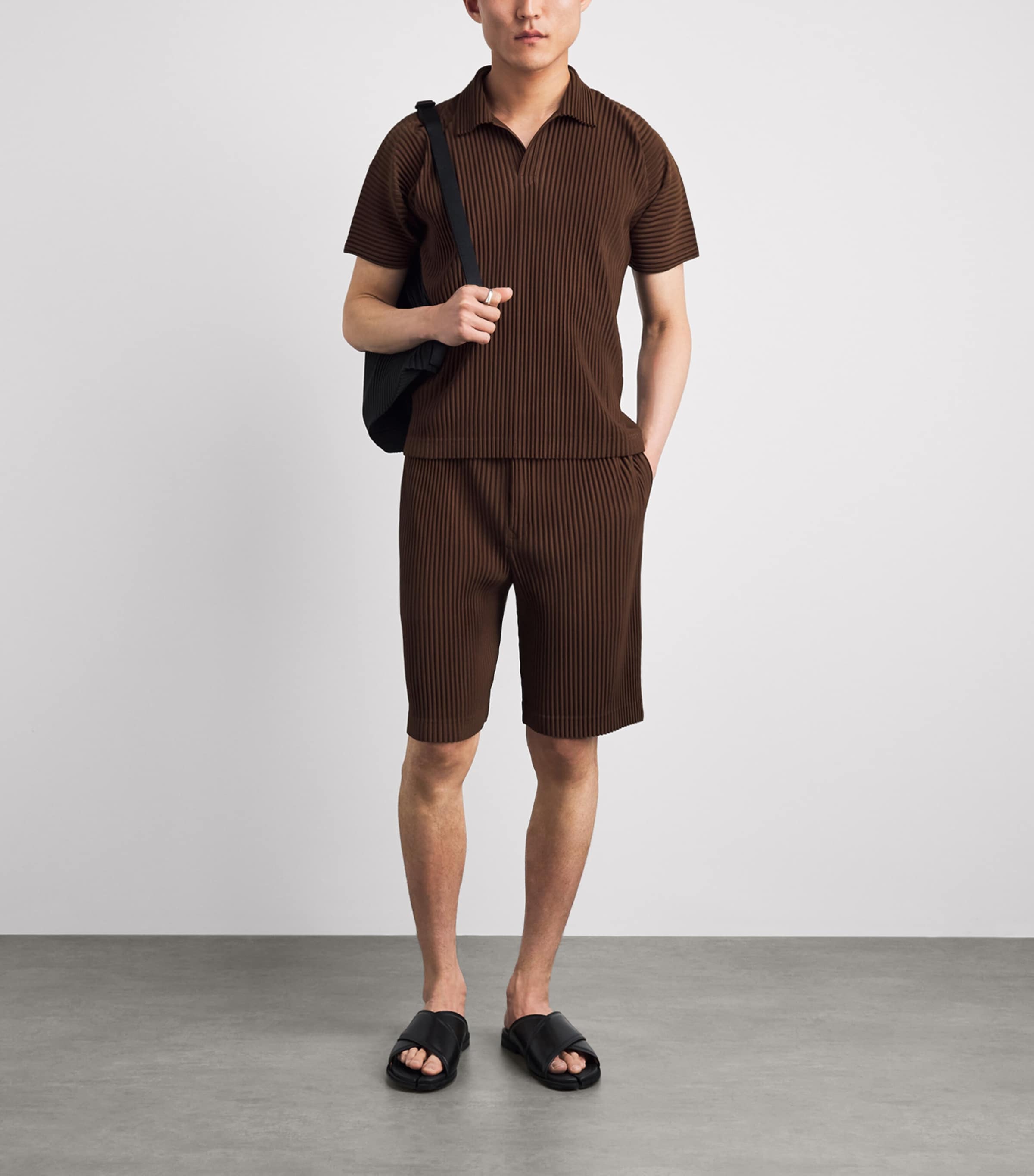 Homme Plissé Issey Miyake Mens Pleated Polo Shirt Anchor Brown Image 2