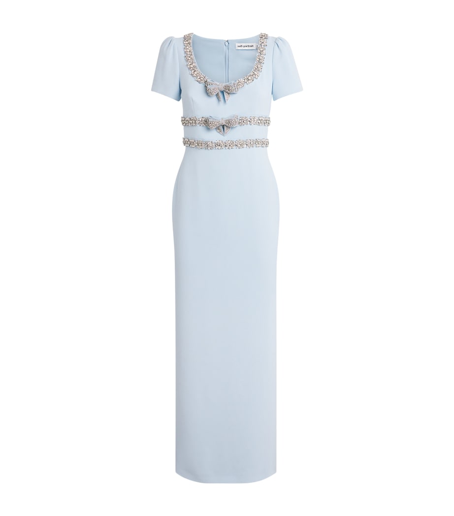 Self-Portrait Blue Crepe Embellished Bow Maxi Dress | Harrods US Self-Portrait Blue Crepe Embellished Bow Maxi Dress | Harrods US