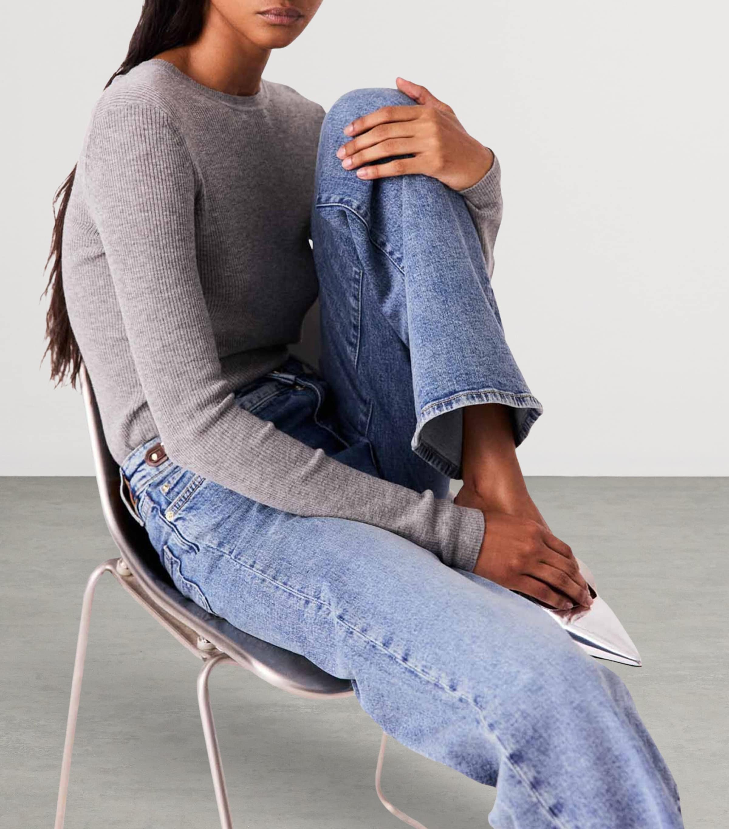 Maje Womens Wool-Silk Rib-Knit Sweater Grey Image 8