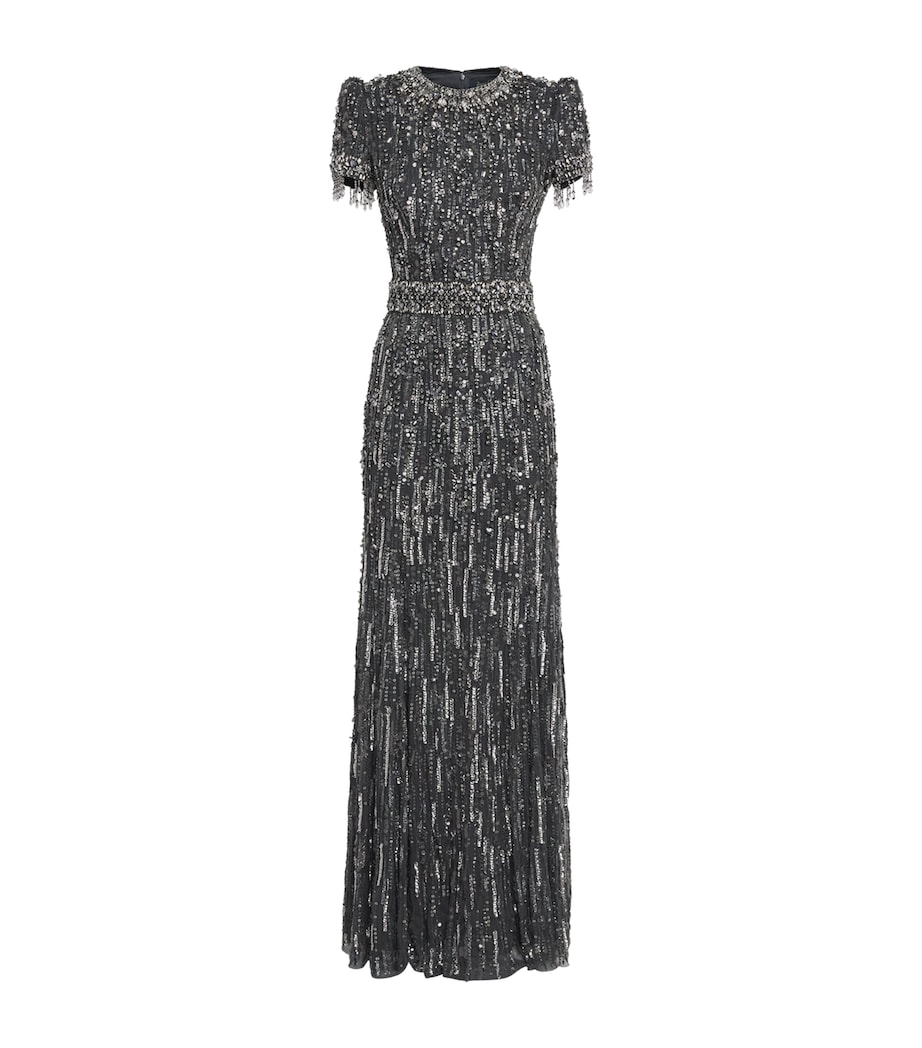 Jenny Packham Womens Short-Sleeve Rhinestone Maxi Dress Shdw Gry T Bdng Image 1