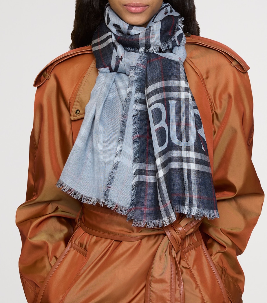 Wool-Silk Wide EKD Check Scarf INK BLUE Image 4