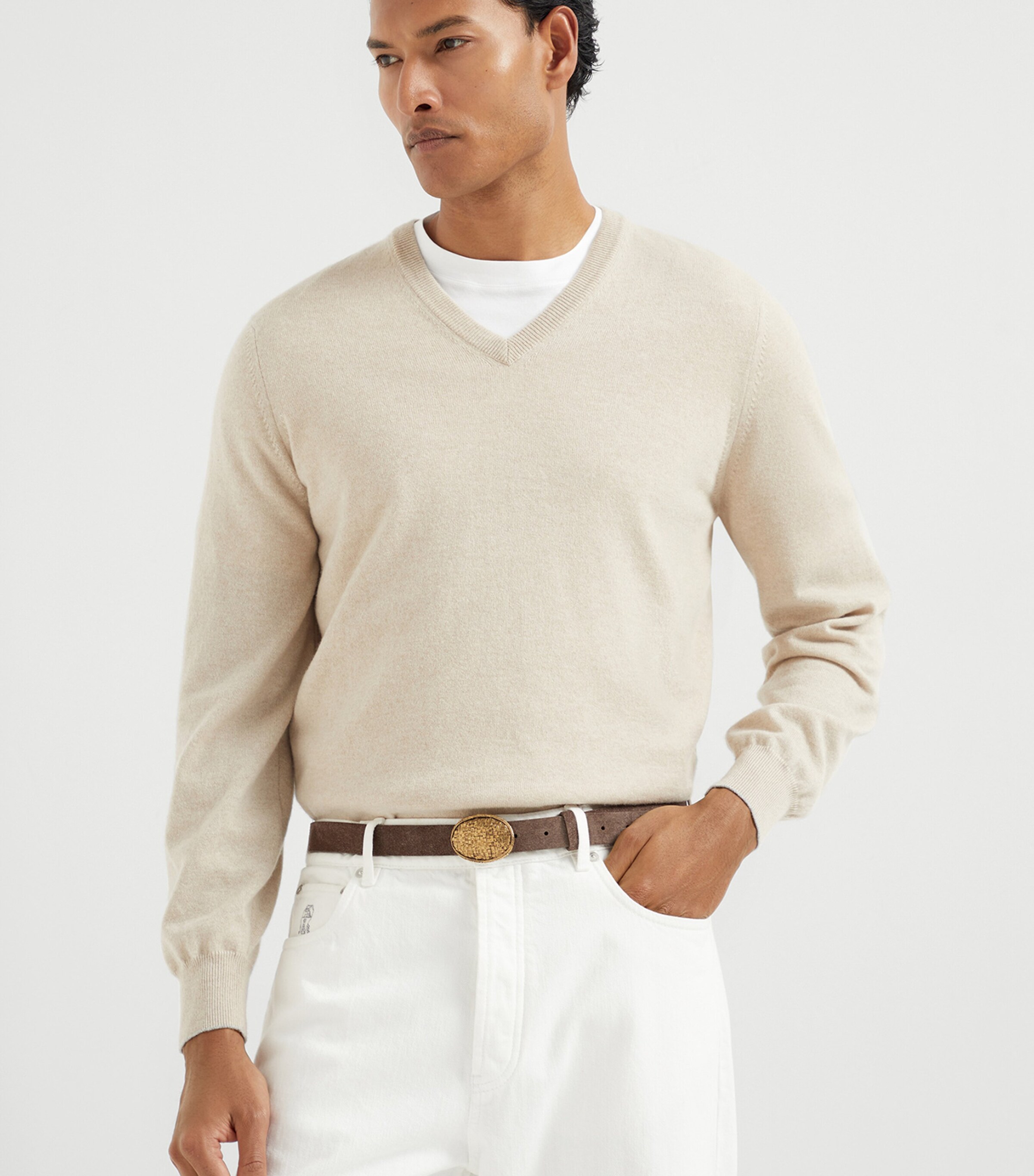 【送料&関税込】Brunello Cucinelli White V-neck Pullover Wit Brunello Cucinelli - White Cotton Monili V-Neck Sweater