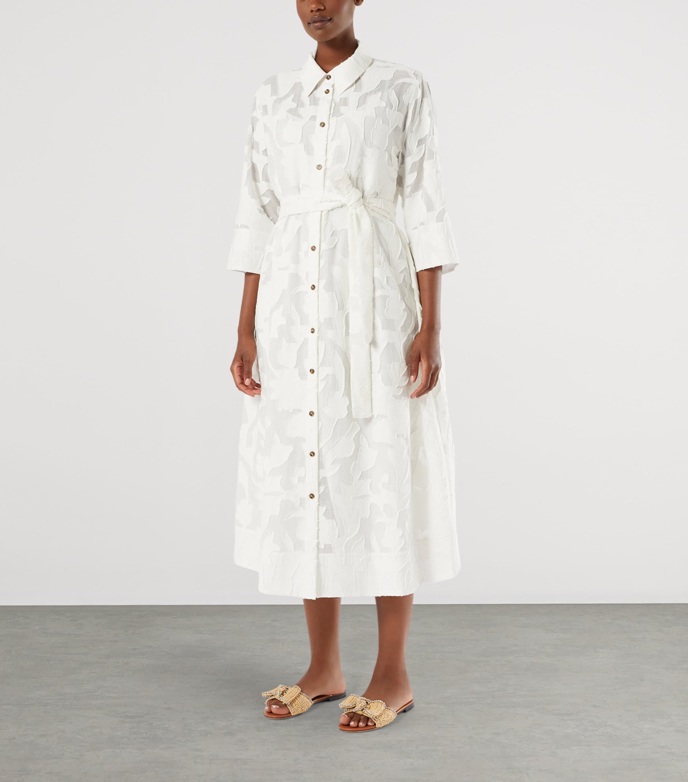 Marina Rinaldi Womens Floral Jacquard Midi Shirt Dress White Image 3