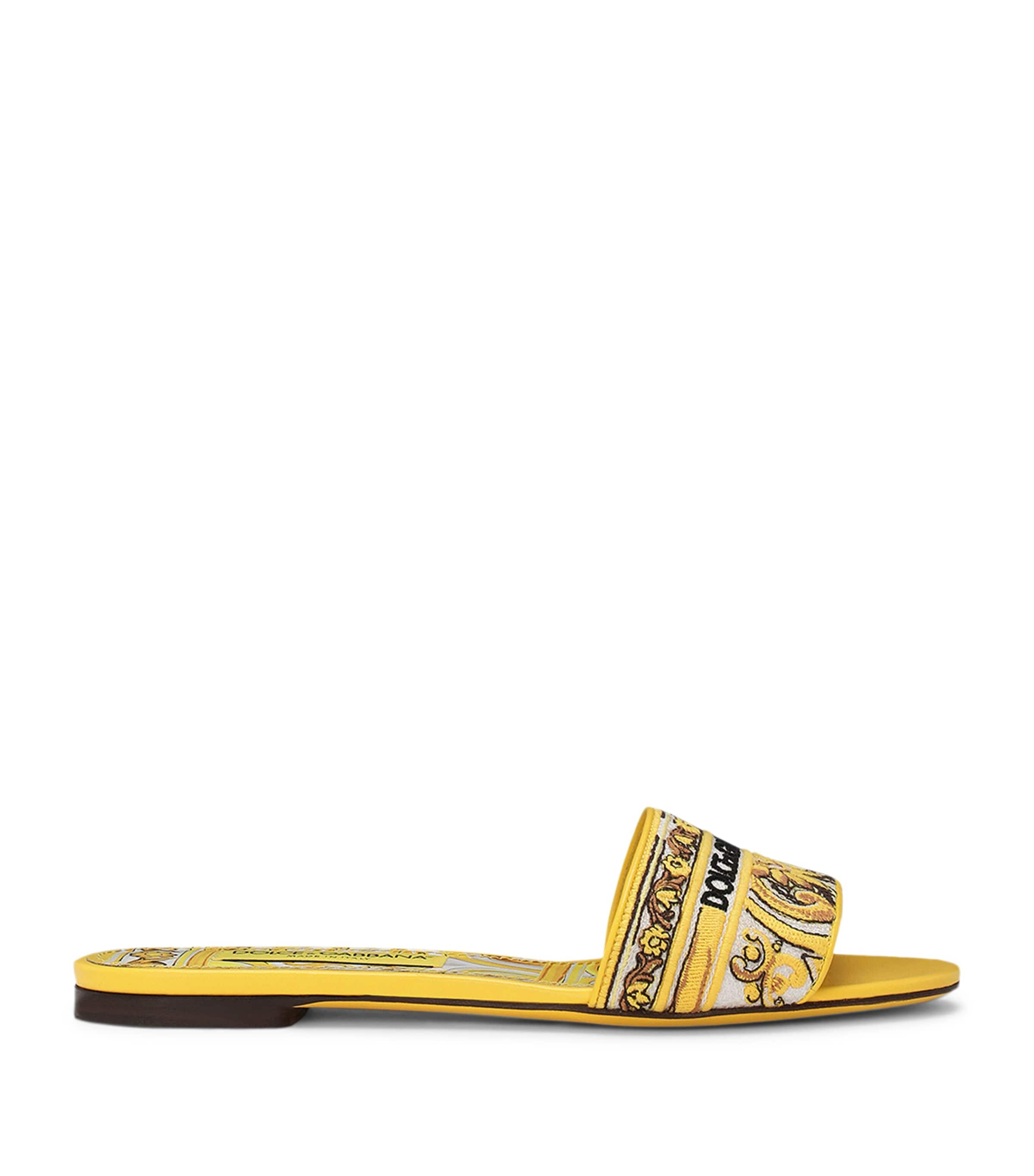 Dolce & Gabbana Bianca Embroidered Leather-trimmed Canvas Slides In Yellow