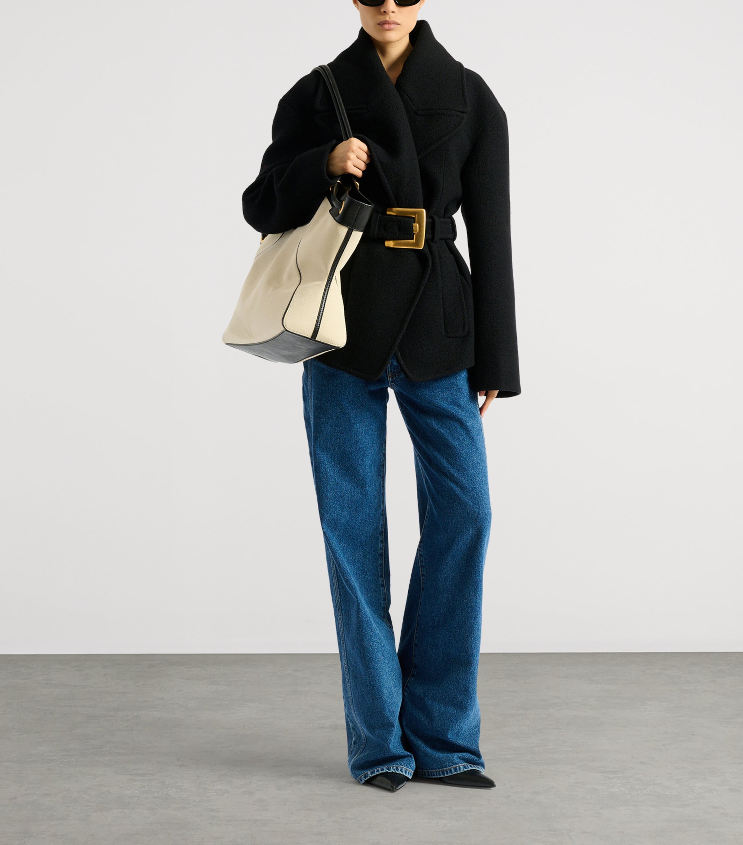 Balmain Womens Virgin Wool Belted Pea Coat Noir Image 2