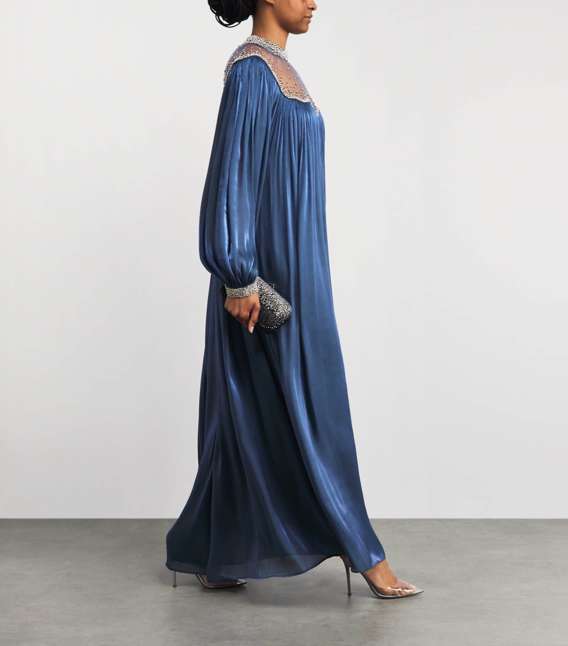 Costarellos Womens Satin Embellished Kaftan Elline Gown Blue Image 2