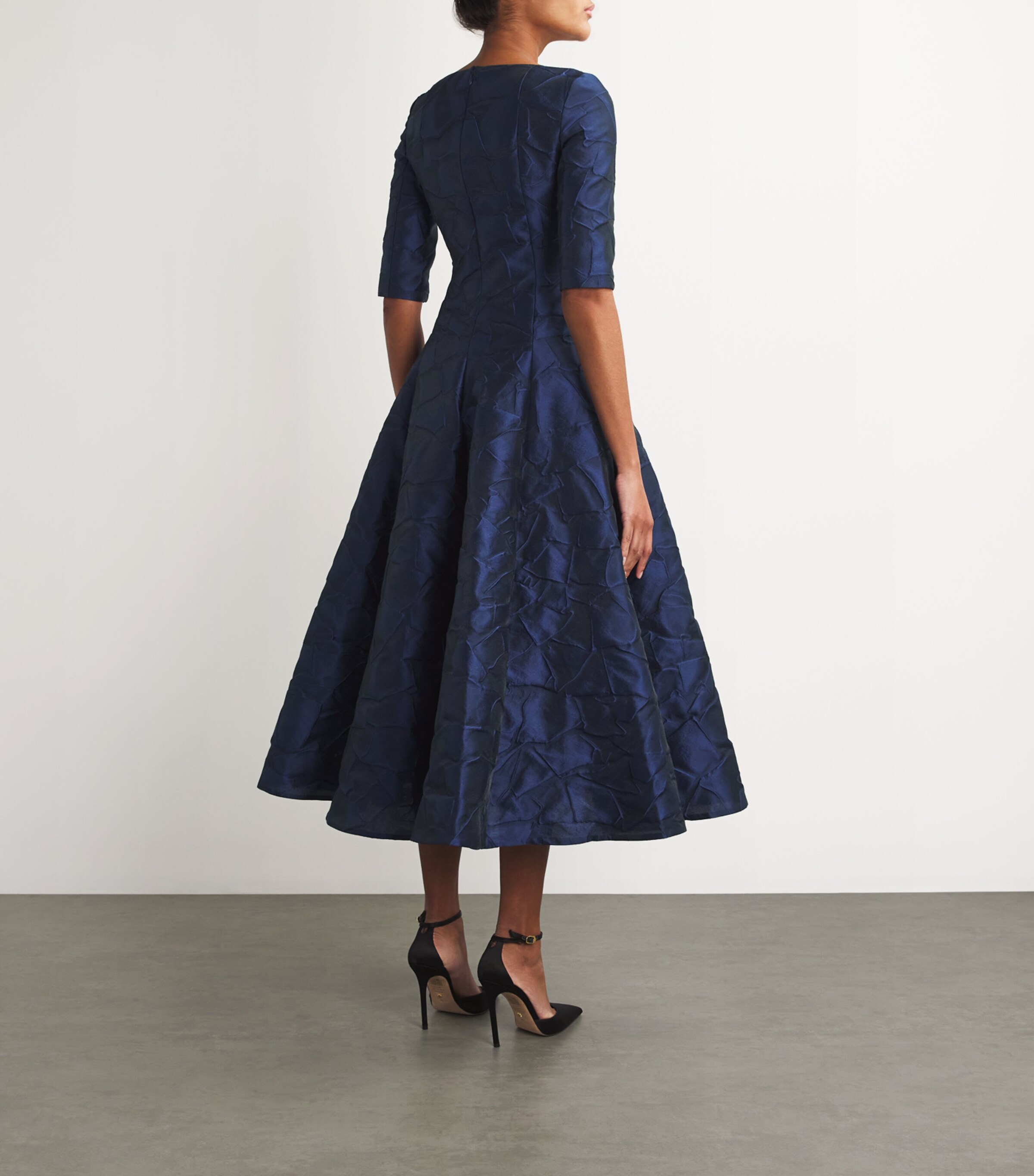 Talbot Runhof Navy Jacquard A-Line Midi Dress | Harrods UK