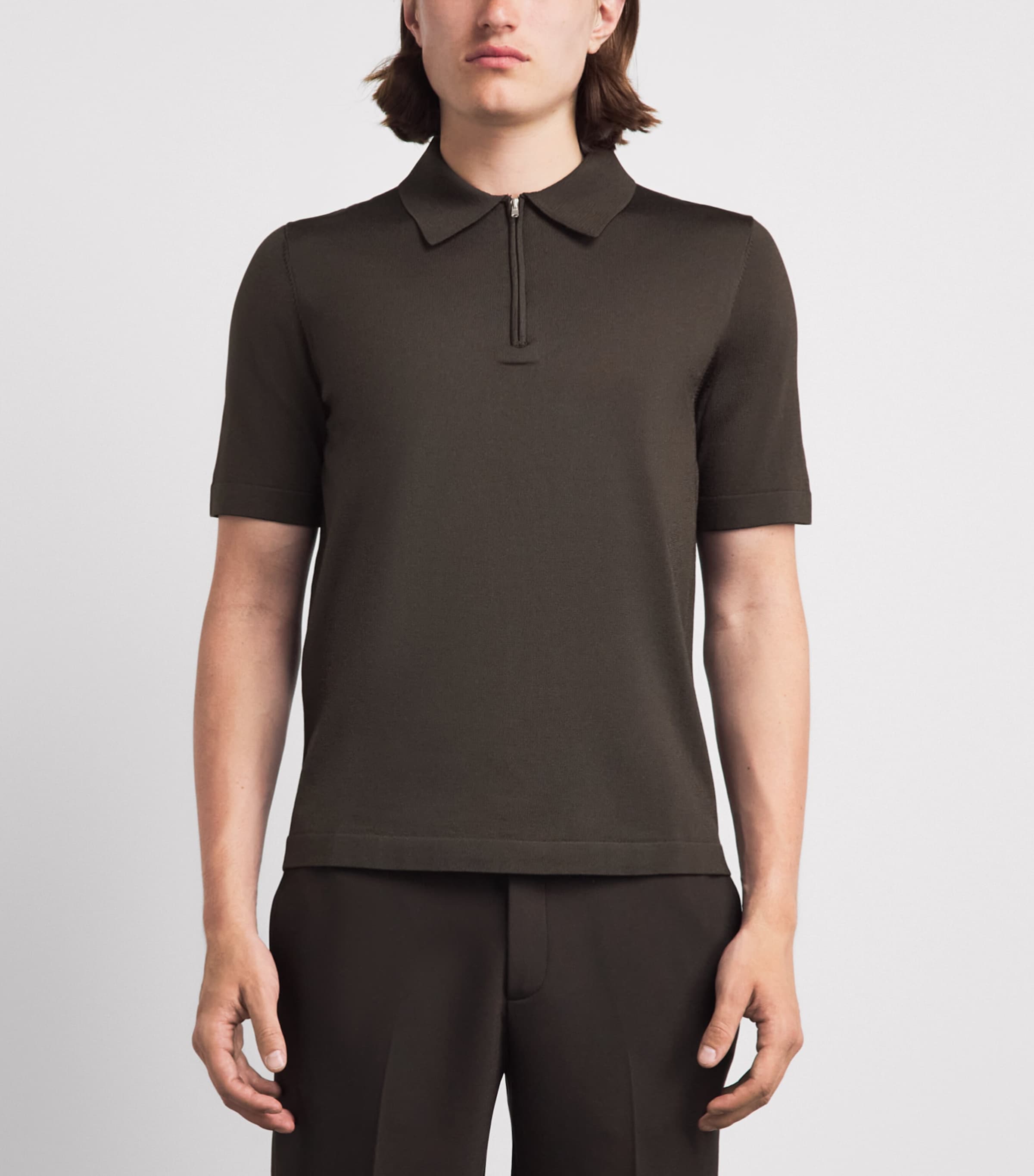Sandro Paris Mens Zip-Up Polo Shirt Chocolate Image 4