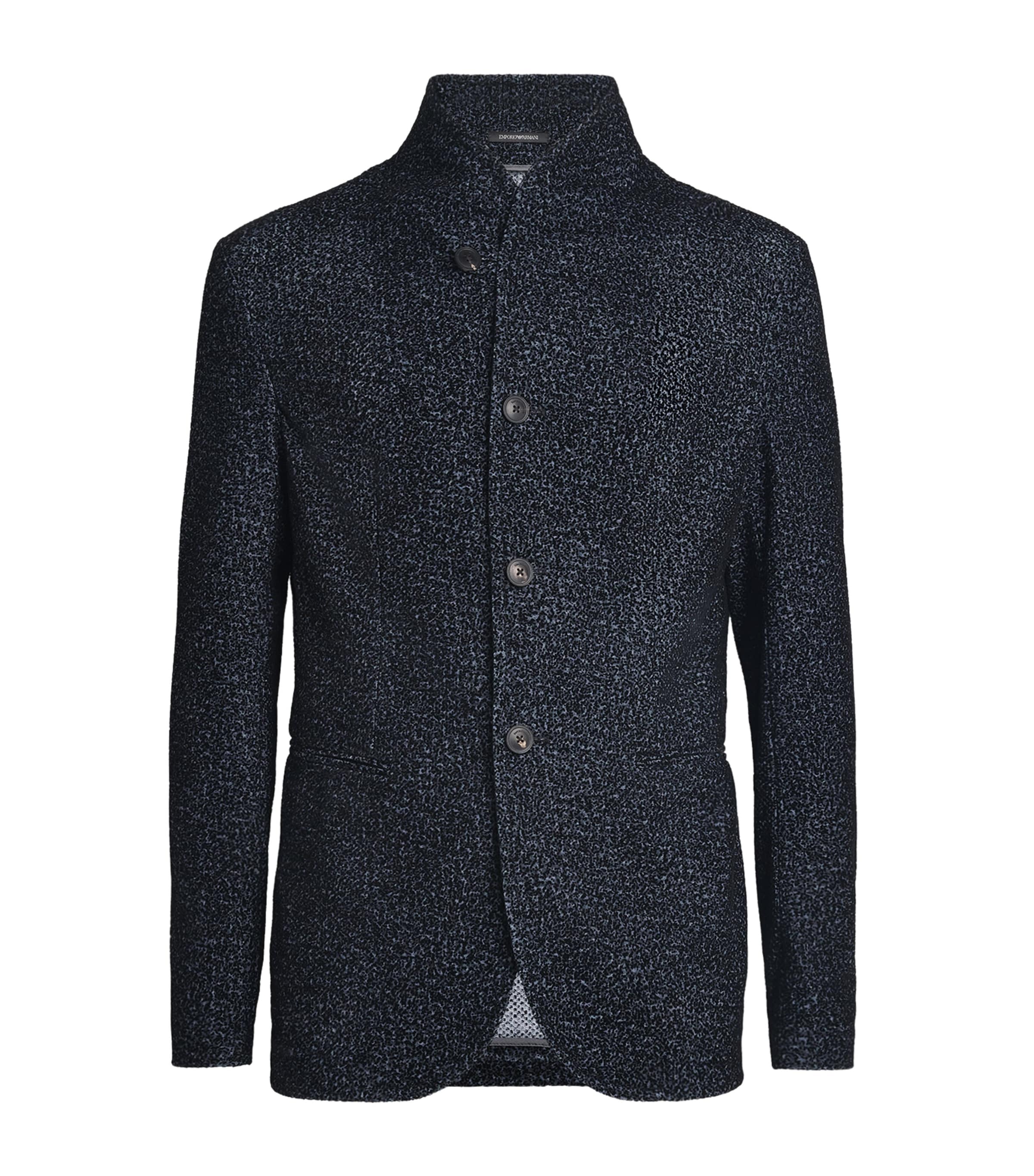 Emporio Armani Jacket With Guru Collar In Flocked Mesh With A Chevron Motif In Blue